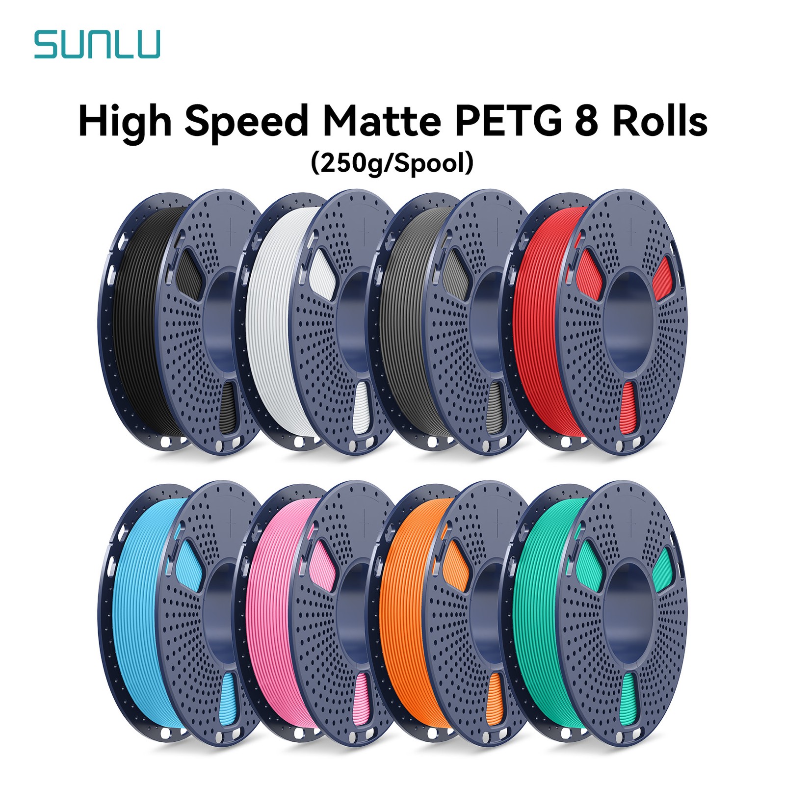 SUNLU 250g*8 High Speed Matte PETG 3D Printer Filament 1.75mm 1KG 600MM/S Bundle