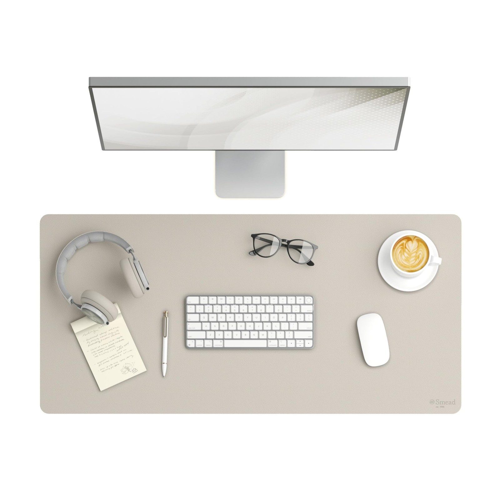 Beige Vegan Leather Desk Pad 36x17 Multi Functional Waterproof Non Slip Surface
