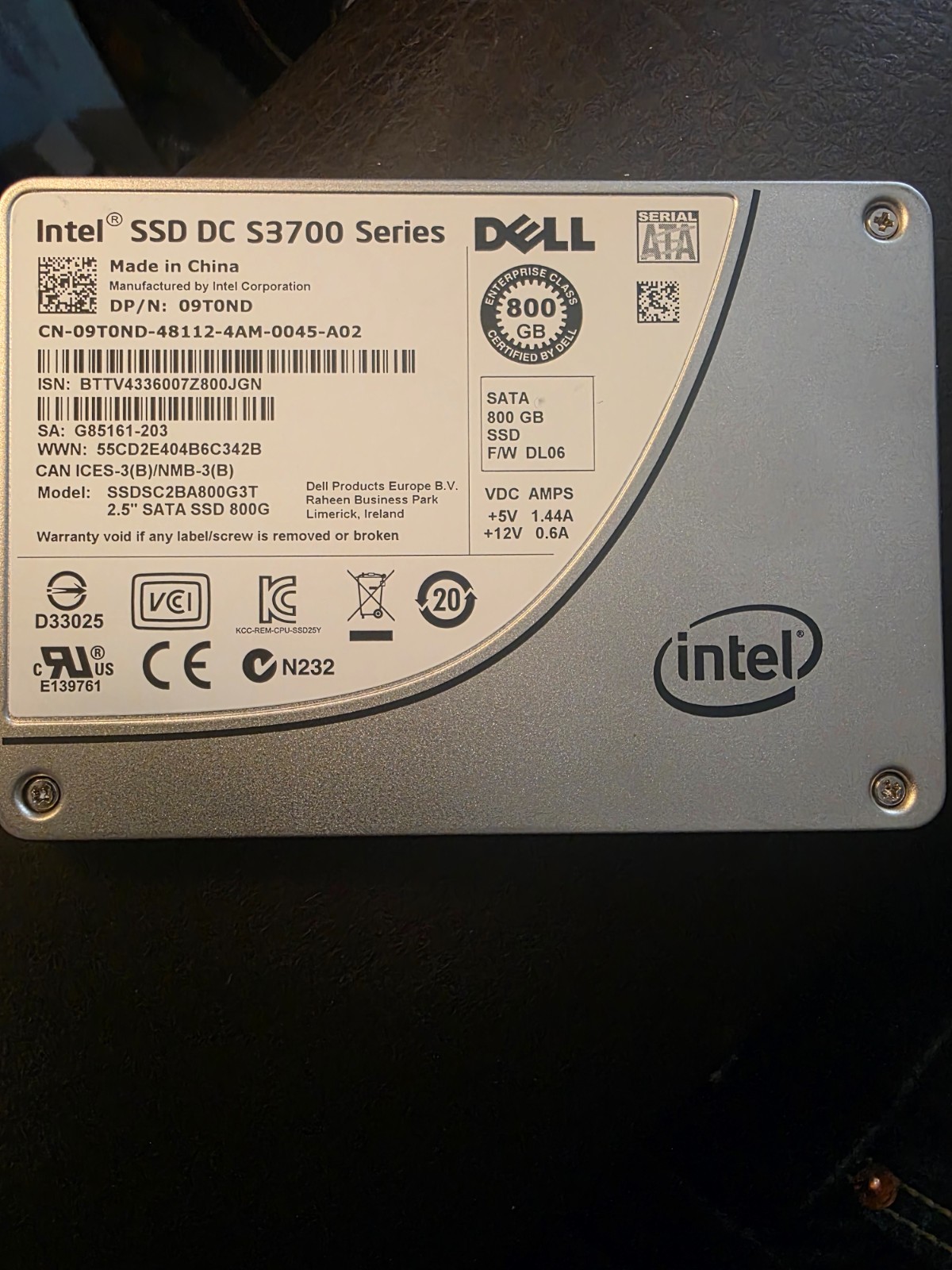 Intel 800GB S3700 Series SSD 6Gbps SATA Enterprise Class SSD DC SSDSC2BA800G3