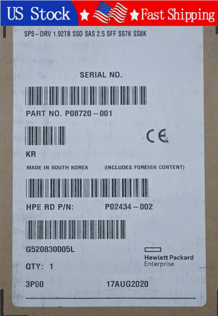 New HPE P08720-001 K2P89B 3PAR 8000 1.92TB SAS 12G 2.5" SSD Solid State Drive