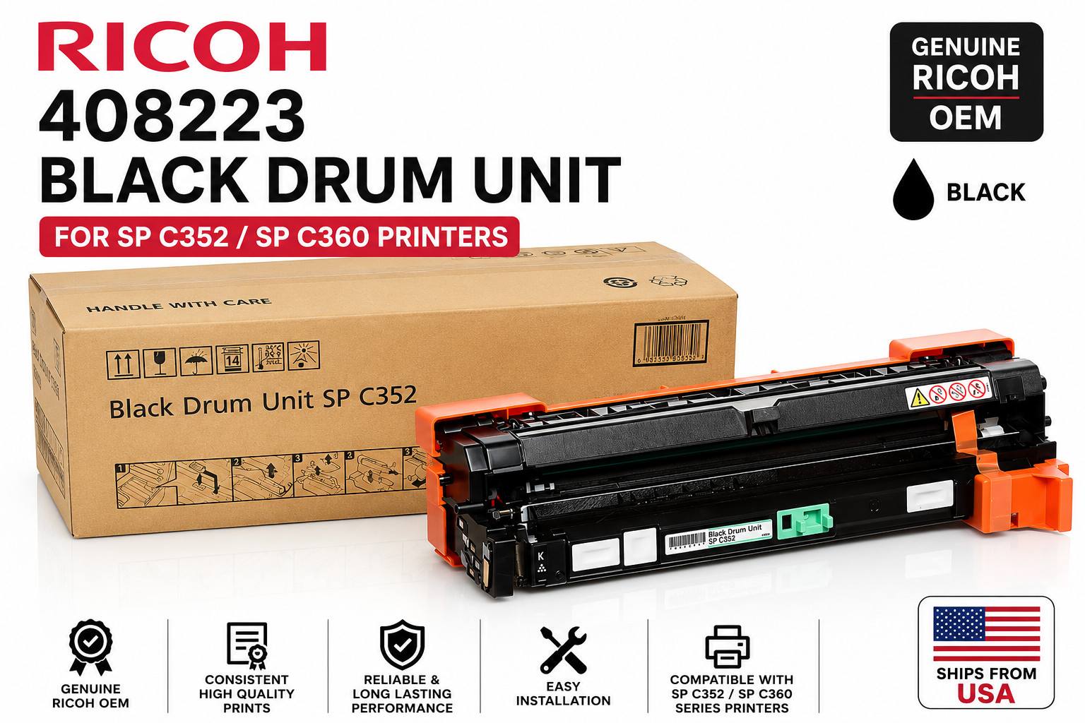 Ricoh 408223 Black Drum Unit for SP C352 SP C360 OEM Genuine New Sealed Printer