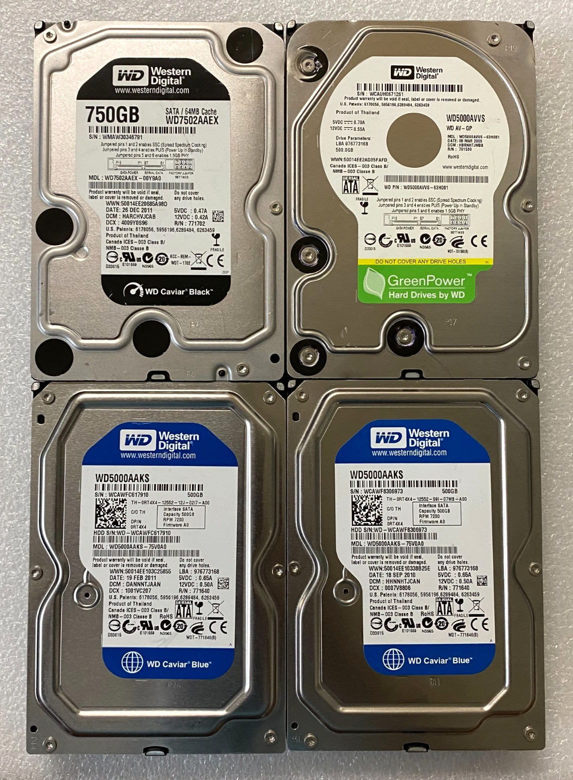Lot of 3x WD Blue Green 500GB 1x WD Black 750GB 7.2K SATA 3.5" Hard Drives HDD
