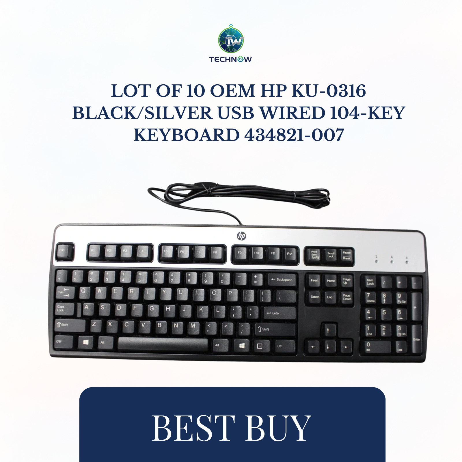 Lot Of 10 OEM HP KU-0316 Black/Silver USB Wired 104-Key Keyboard 434821-007