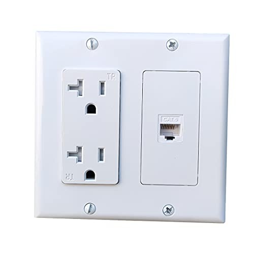 2 Gang Power Outlet with 1 CAT6 Ethernet Port - 20A Electrical Outlet Cover Plat