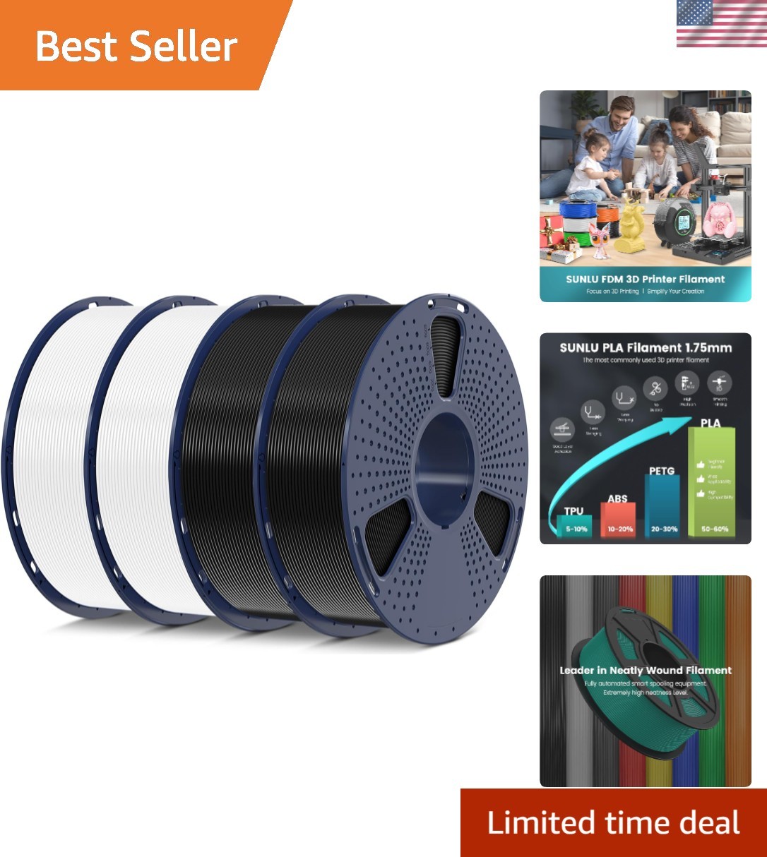 4 Pack 1kg PLA Filament 1.75mm - Versatile Black & White for Superior Printing