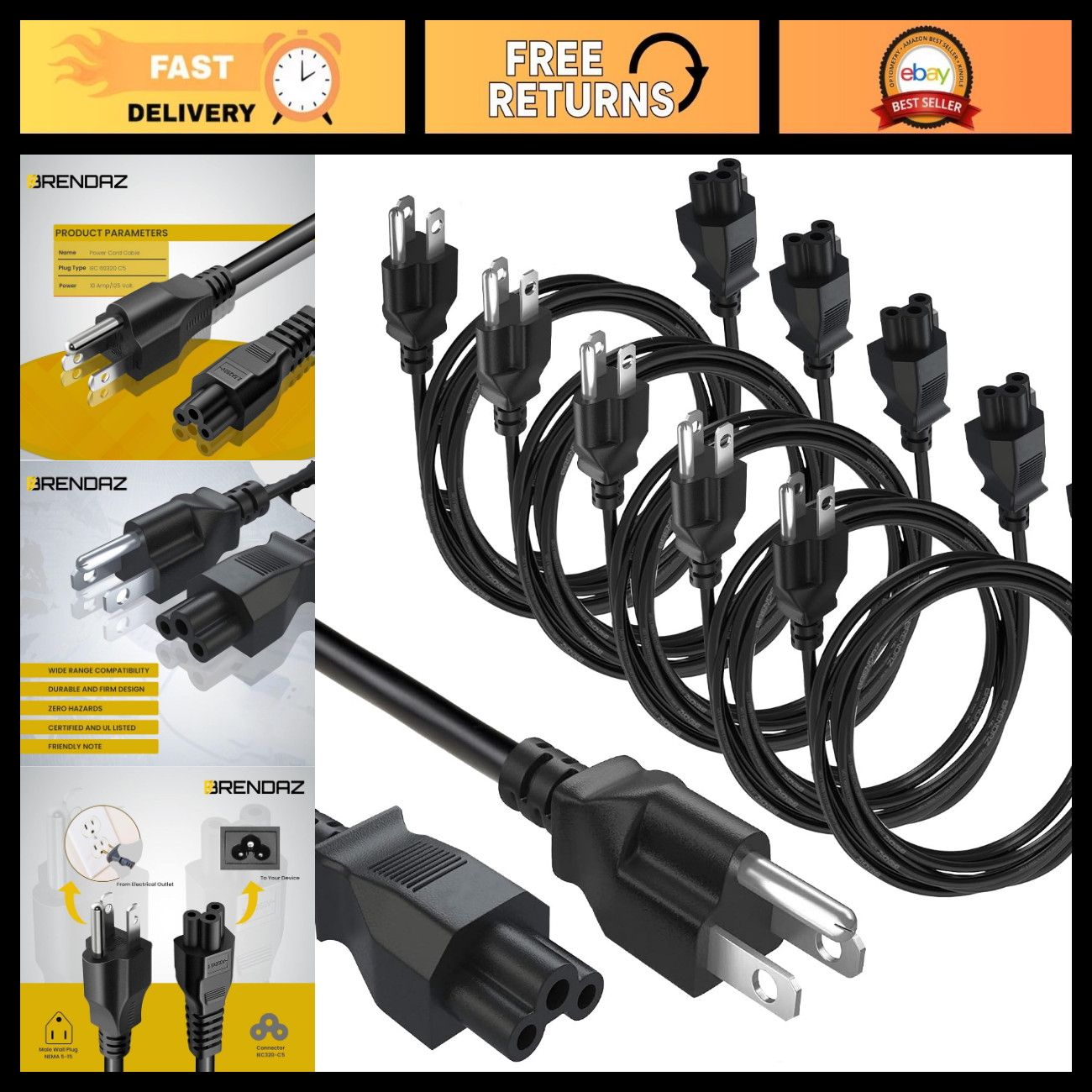 5-Pack 3 Prong Power Cord - 6ft AC Cable for TV, Monitors, Chargers, Computers