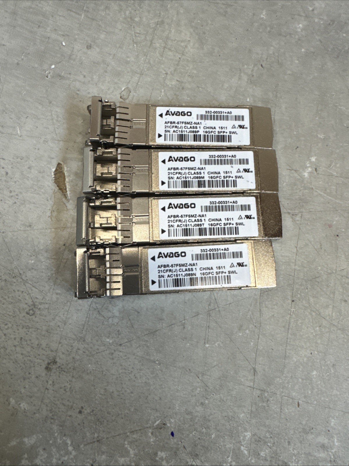 Lot of 4 - Avago AFBR-57F5MZ-NA1 16GFC SFP+ SWL Optical Transceivers