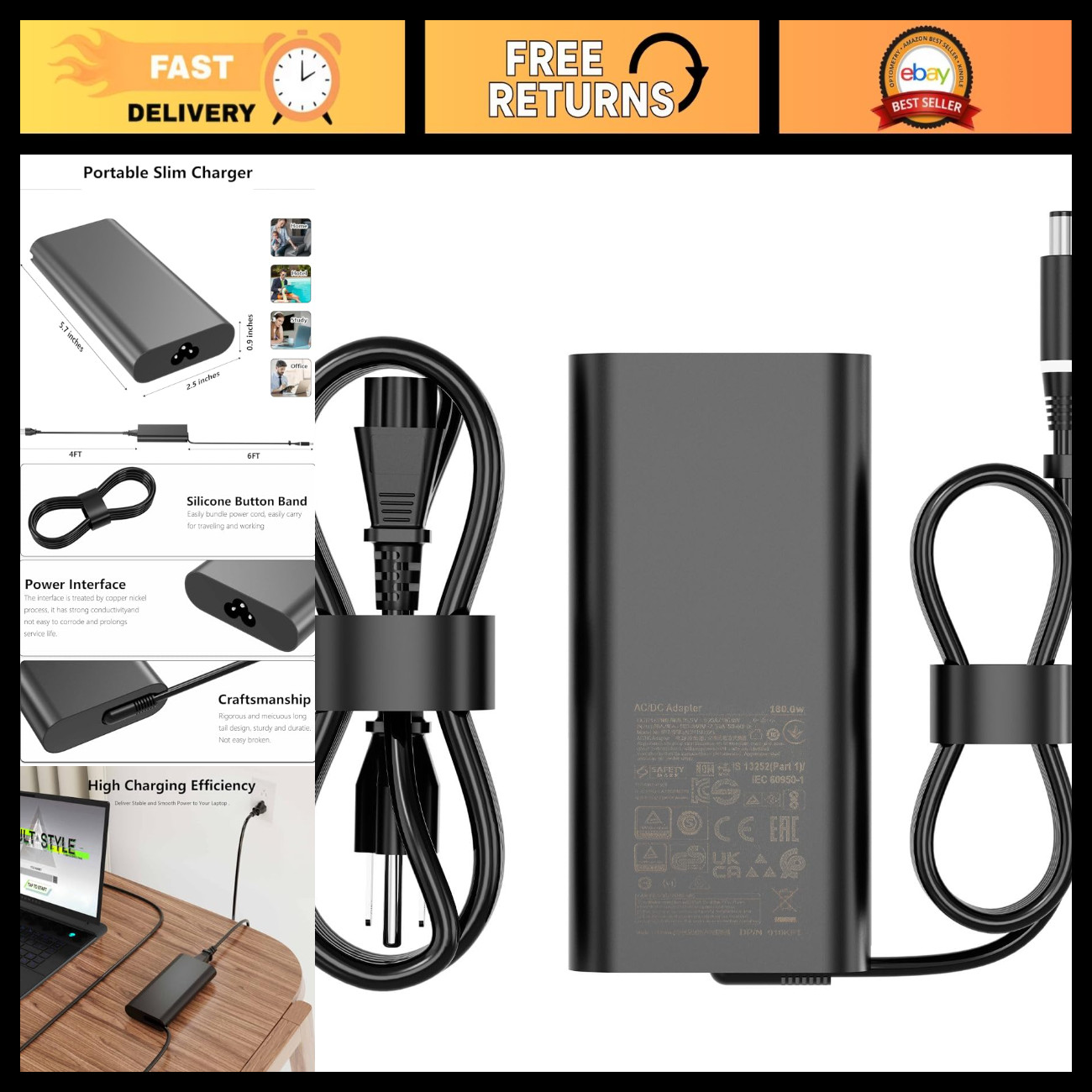180W GaN AC Charger 19.5V 9.23A Laptop Power Supply for Dell G7 G5 G3 Series