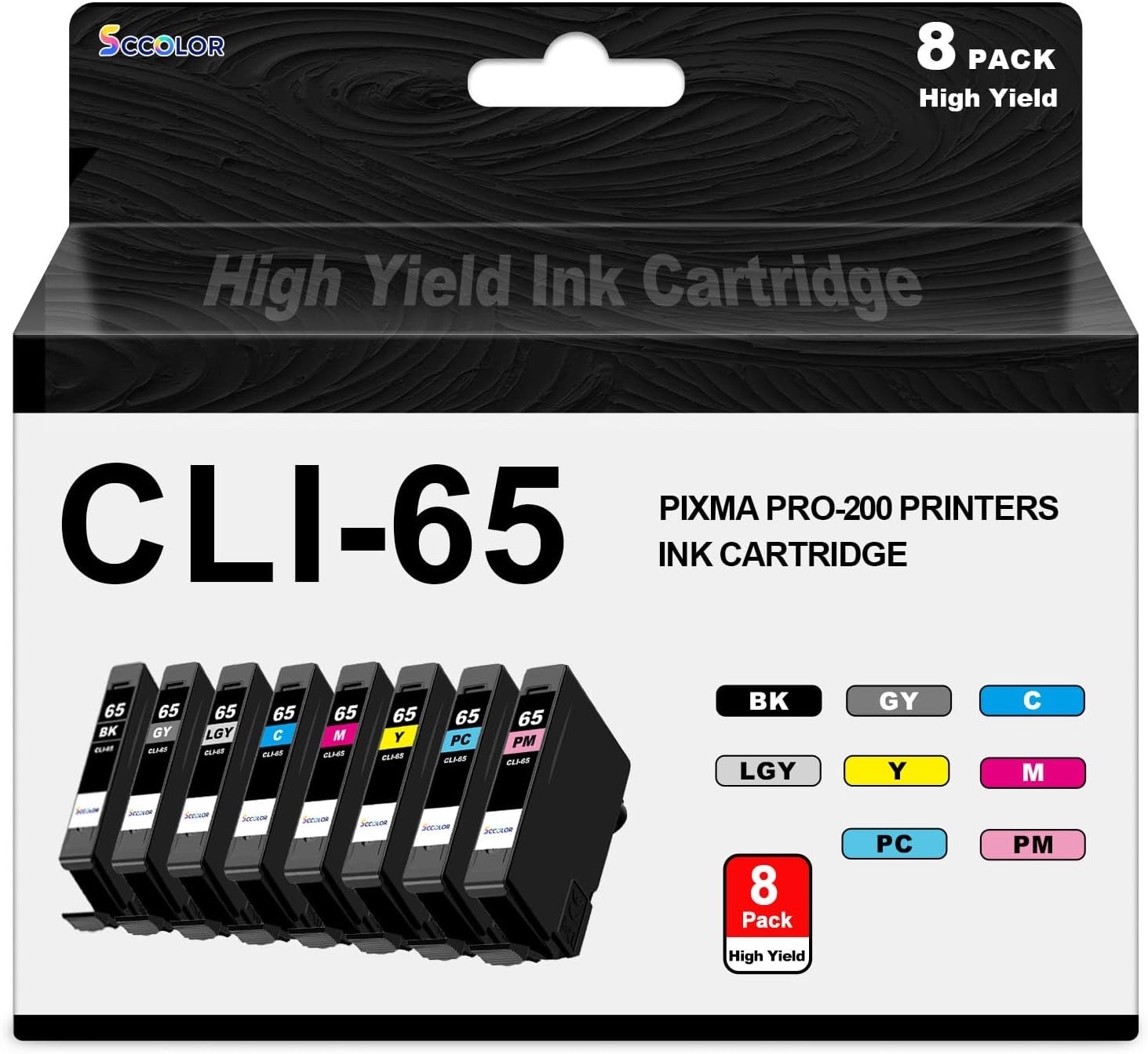 8 PK Inkjet w/chip shows ink levels CLi-65 CLI65 Canon Pixma Pro-200 Pro200 -NEW
