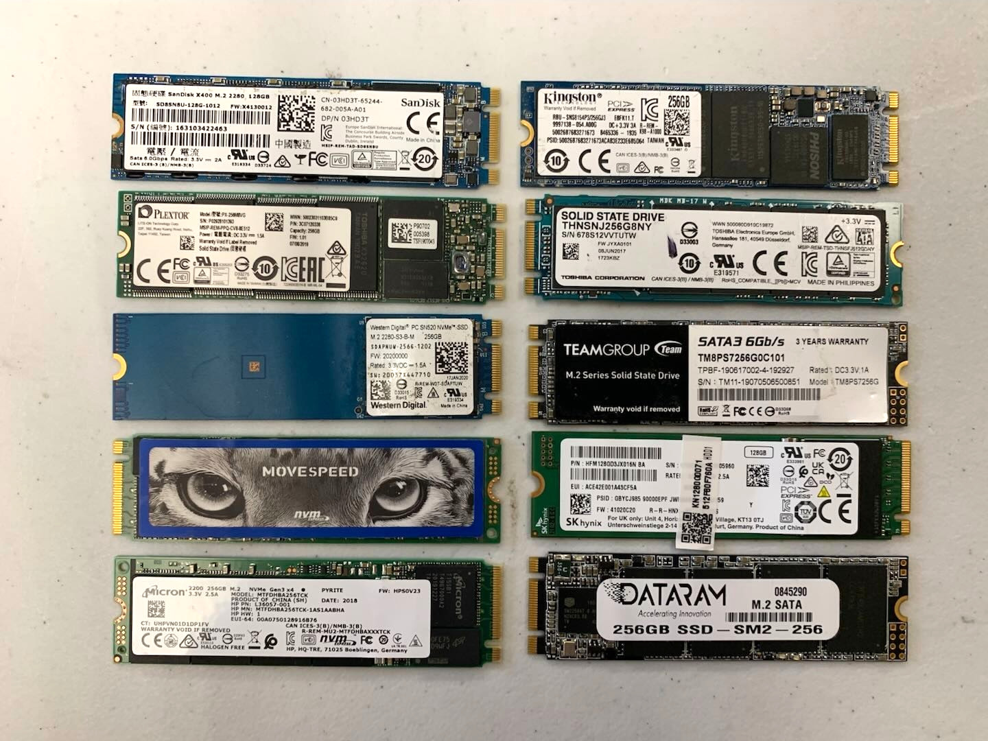 LOT OF 10 Mixed Brand 256GB PCIe NVMe SSD M.2 SATA NVME SSD