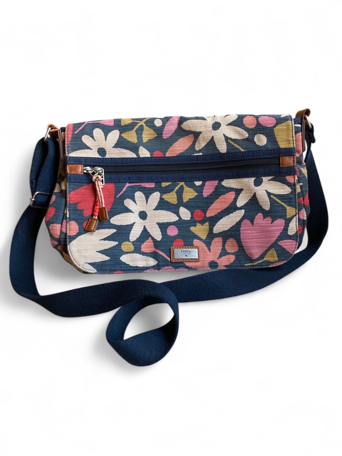 VTG Fossil Blake Floral Canvas Messenger Laptop Bag Navy Pink Cream Red EUC