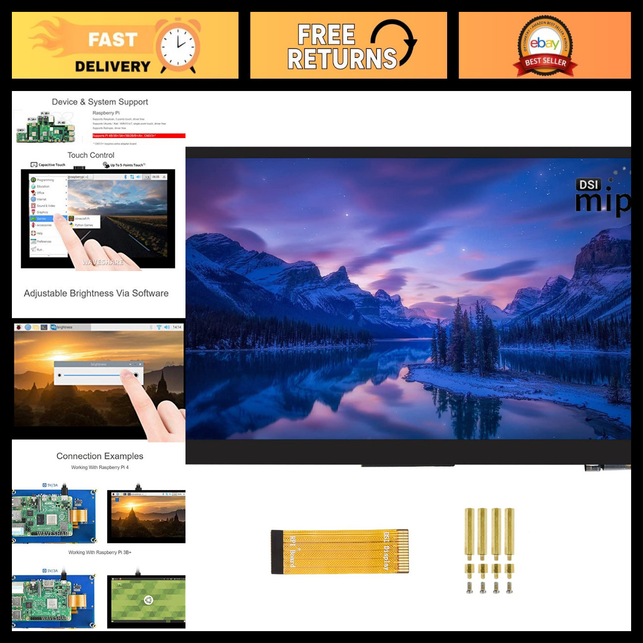 5" Touch Screen LCD Monitor for Raspberry Pi 4B 3B+ 3A+ 2B - 800x480 Display, DS