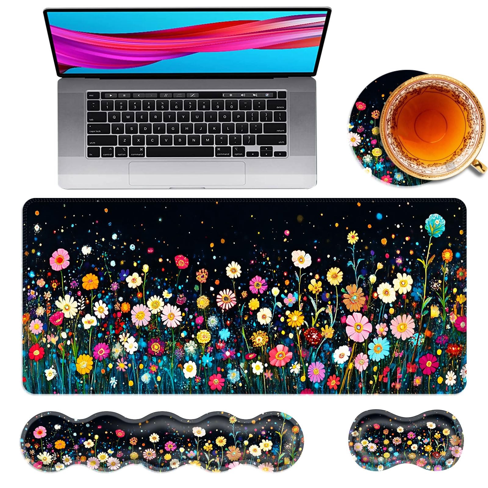 Large Mouse Pad Keyboard Wrist Rest 4in1 Desk Mat Colorful Flower Field 1 PC