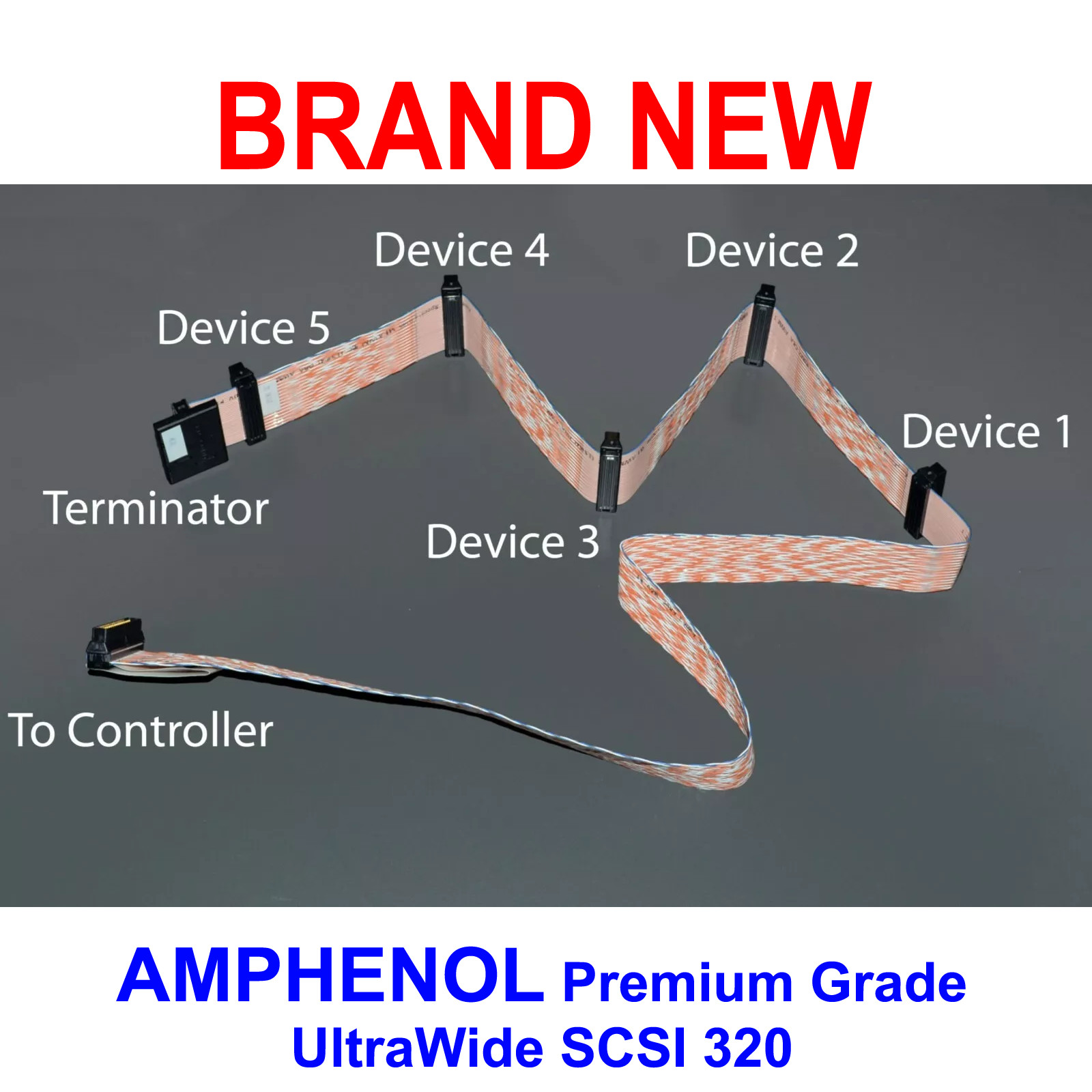 Amphenol Ultra320 internal Flat SCSI Cable 68Pin with Terminator 6-Connector 48"