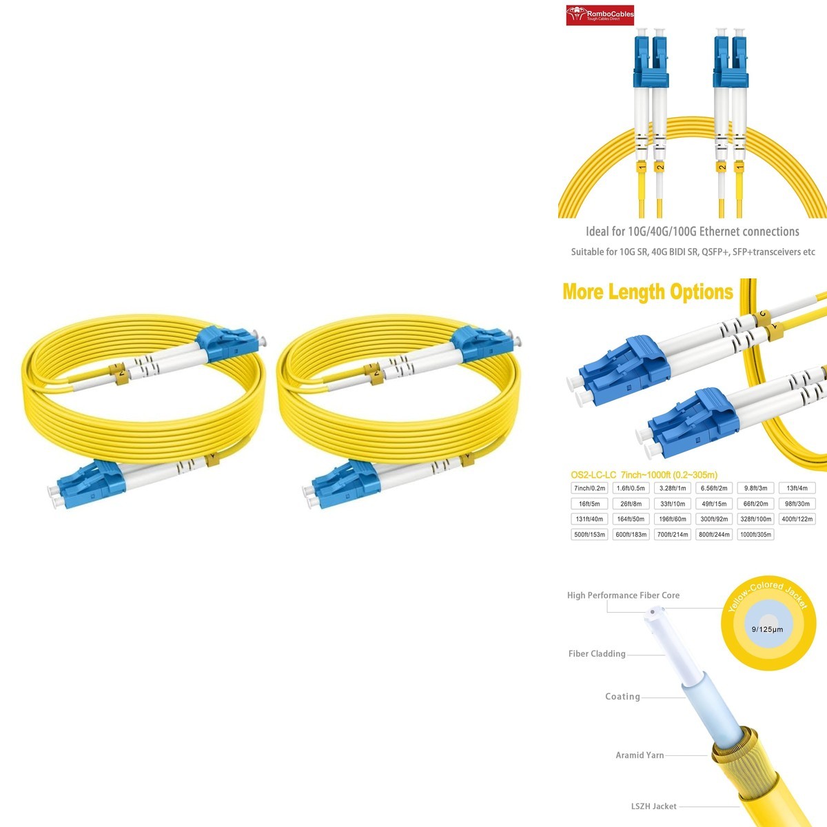 OS2 LC to LC Single Mode Fiber Patch Cable 100ft/30m 10G 9/125μm 2mm Duplex (2