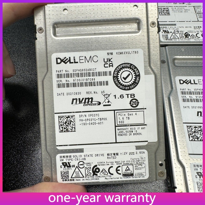 KCM6XVUL1T60 0P03YC Dell 1.6TB PCIe Gen4 NVMe Mixed Use SED/FIPS 2.5in SSD P03Y