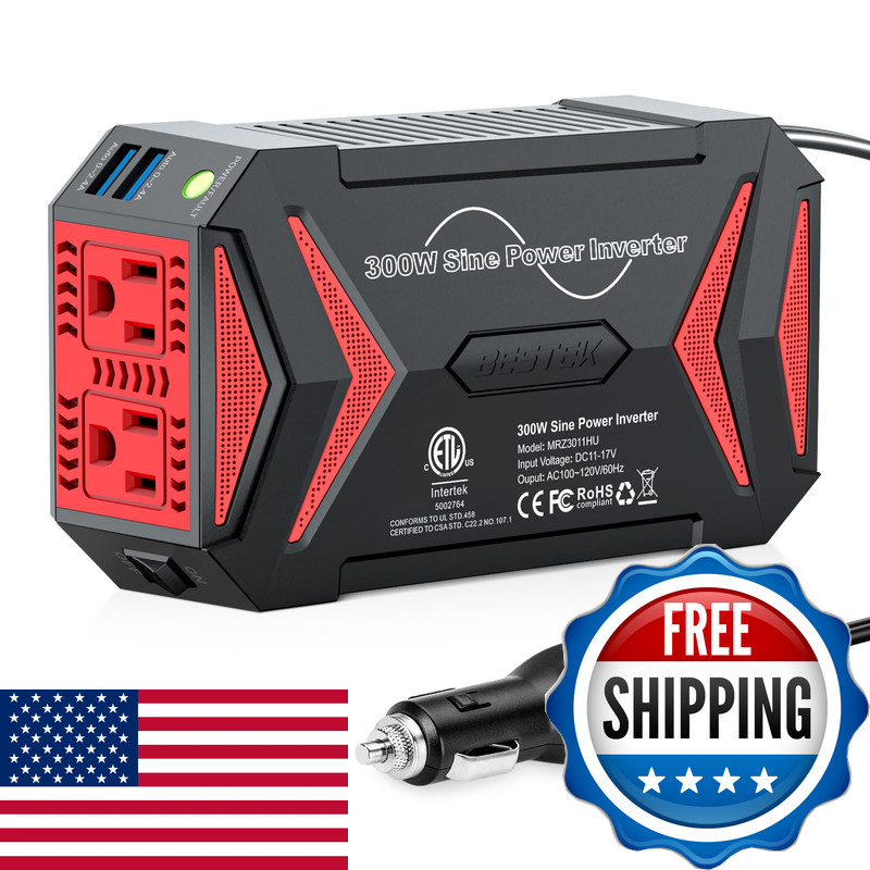 Bestek Pure Sine Wave Power Inverter - 300W Car Plug In Charger Outlet Dc 12V