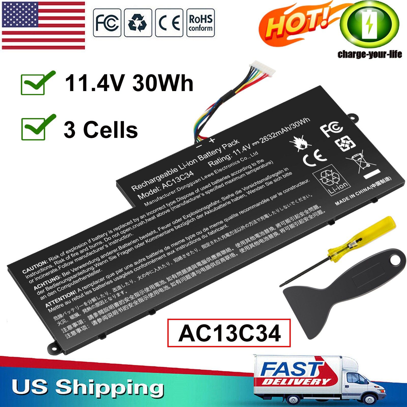 AC13C34 Battery for Acer Aspire V5-122P V5-132P E3-111 E3-112V 3ICP5/60/80 30Wh