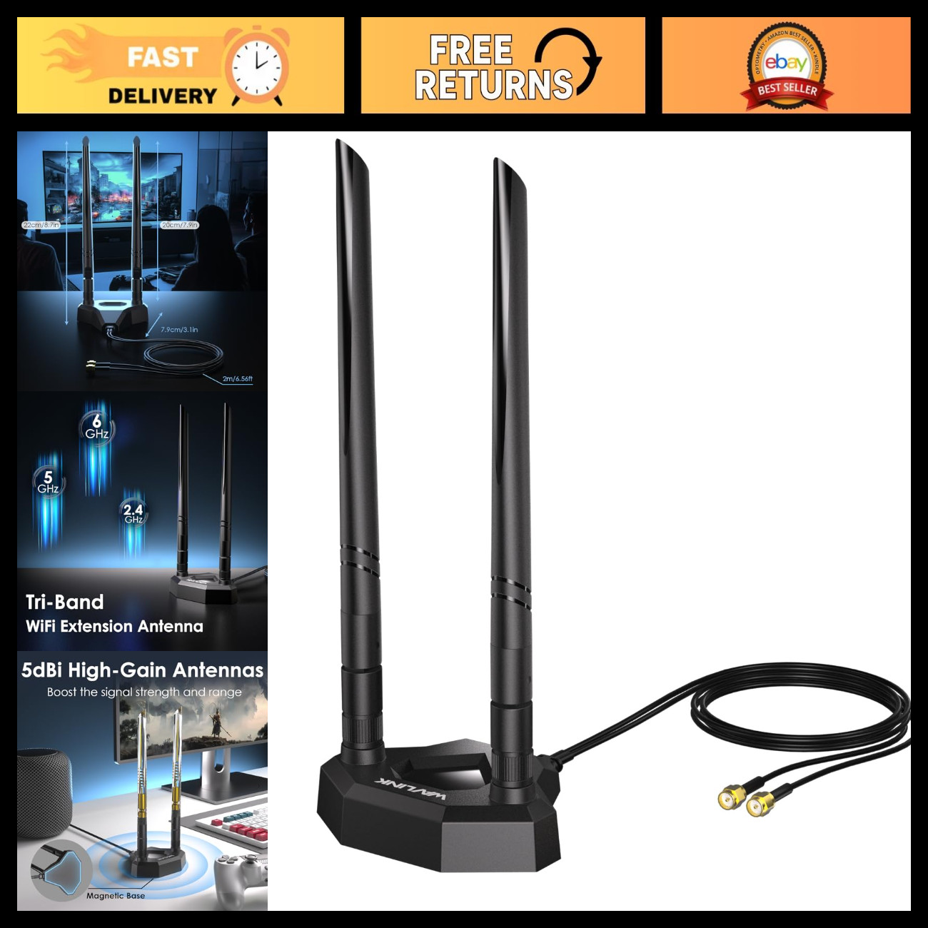Tri-Band WiFi Antenna 2.4GHz 5GHz 6GHz 5dBi SMA Male Magnetic Base 6.6ft Cable