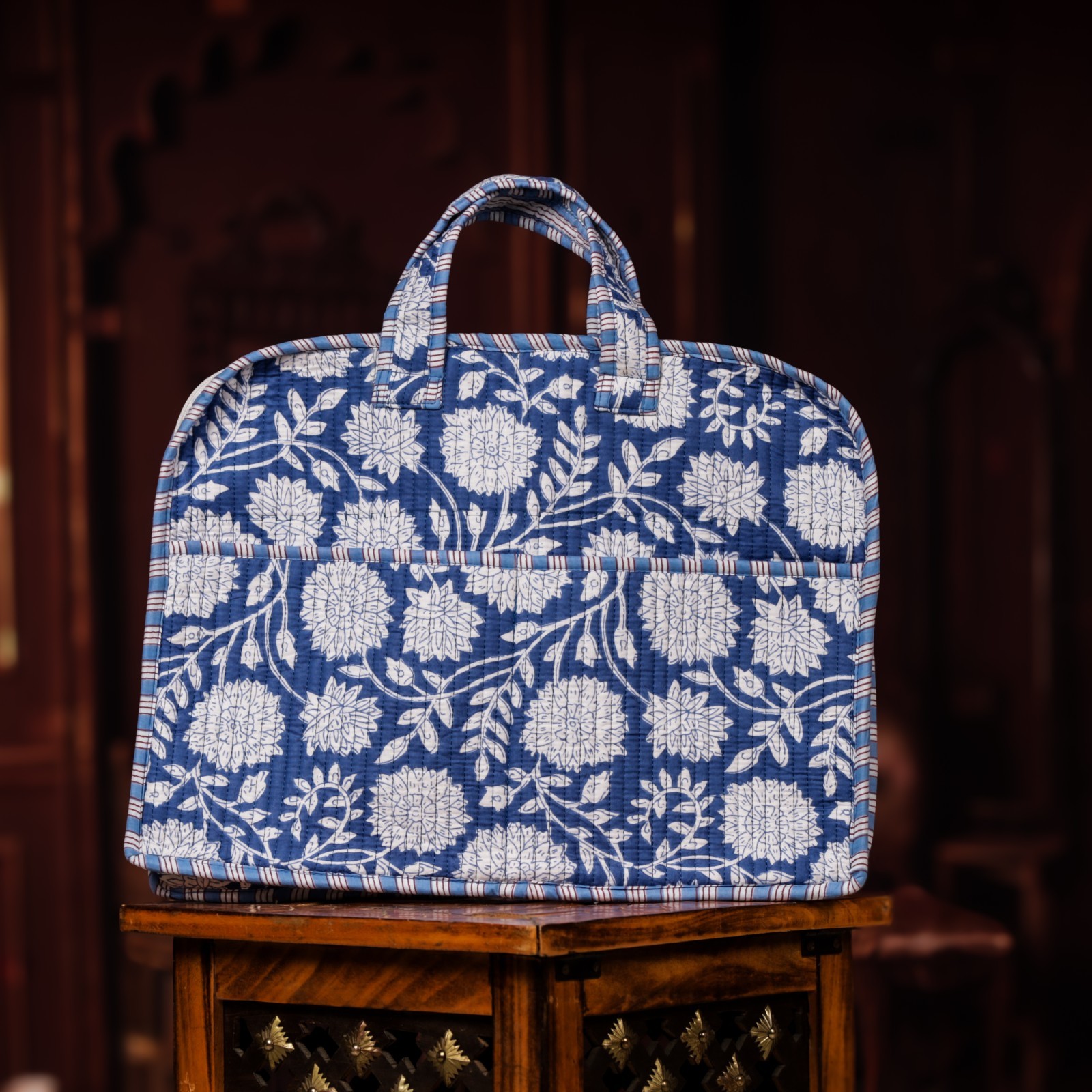 Blue Floral Laptop Bag Quilted Cotton Office Tote Handmade Work Handbag