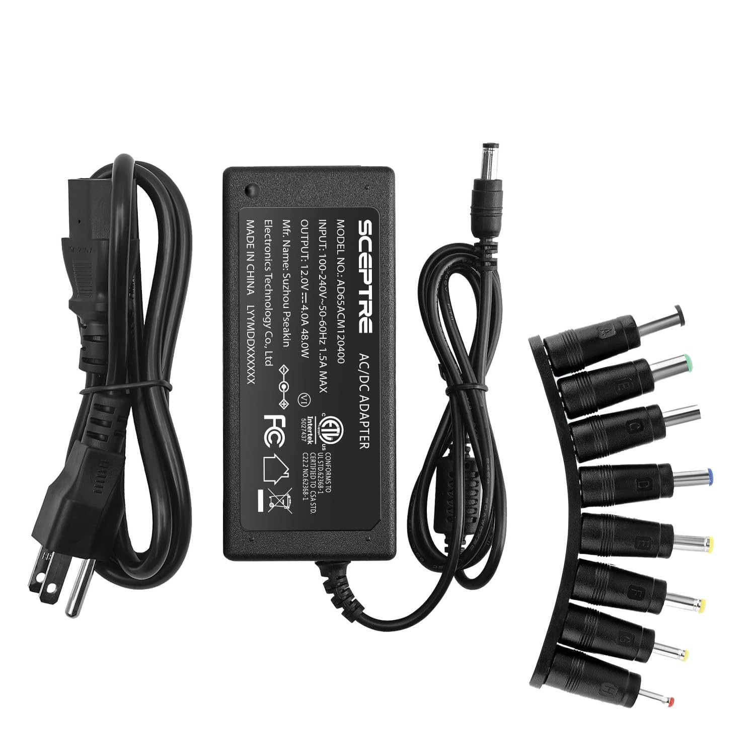 Power Adapter 12V-4A 3A 2.5A 2A 1.25A 1A AC/DC Power Cord 5.5x2.1mm with 8 Ti...