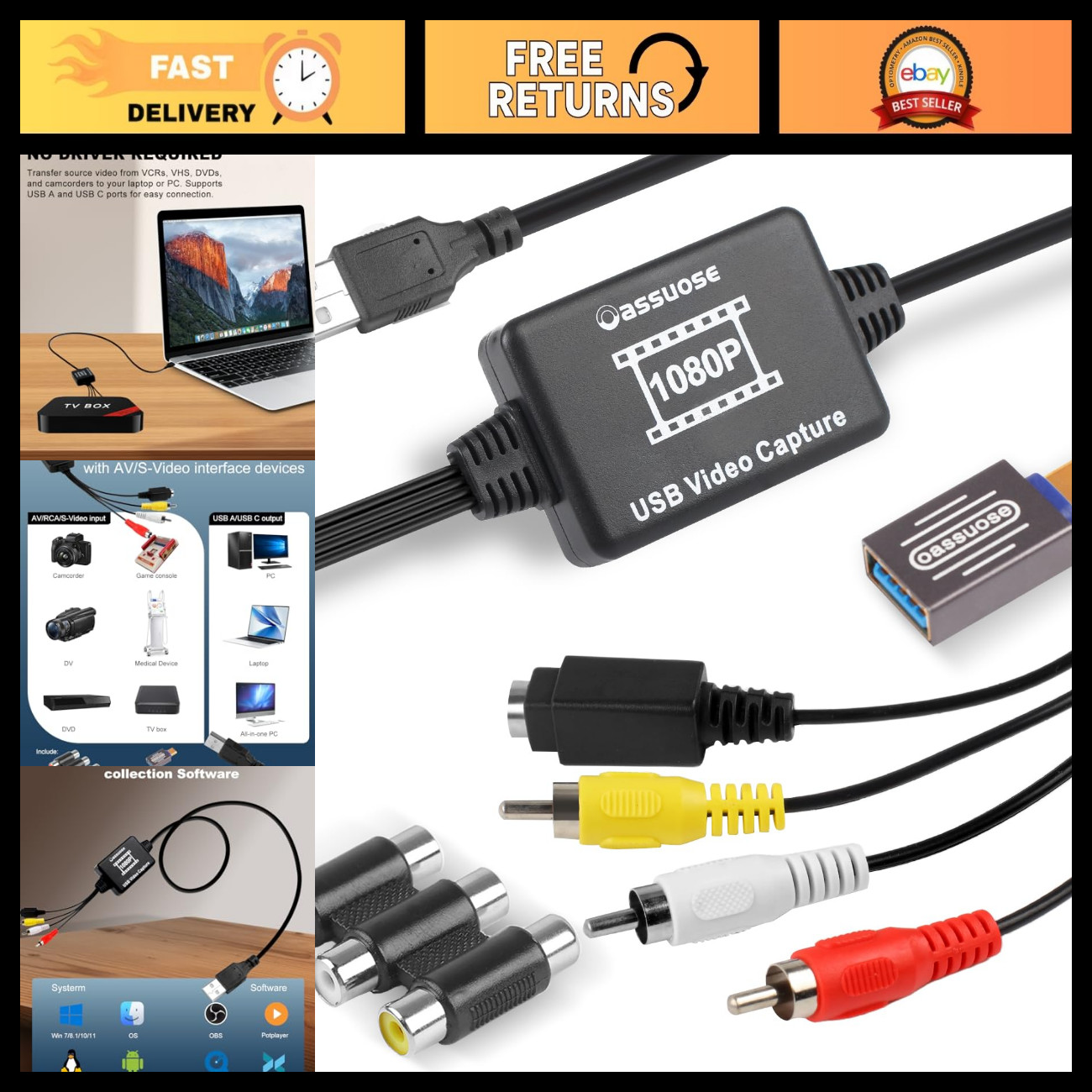 VHS to Digital Converter, USB-A/USB-C Video Capture Card, 1080P High-Quality Tra