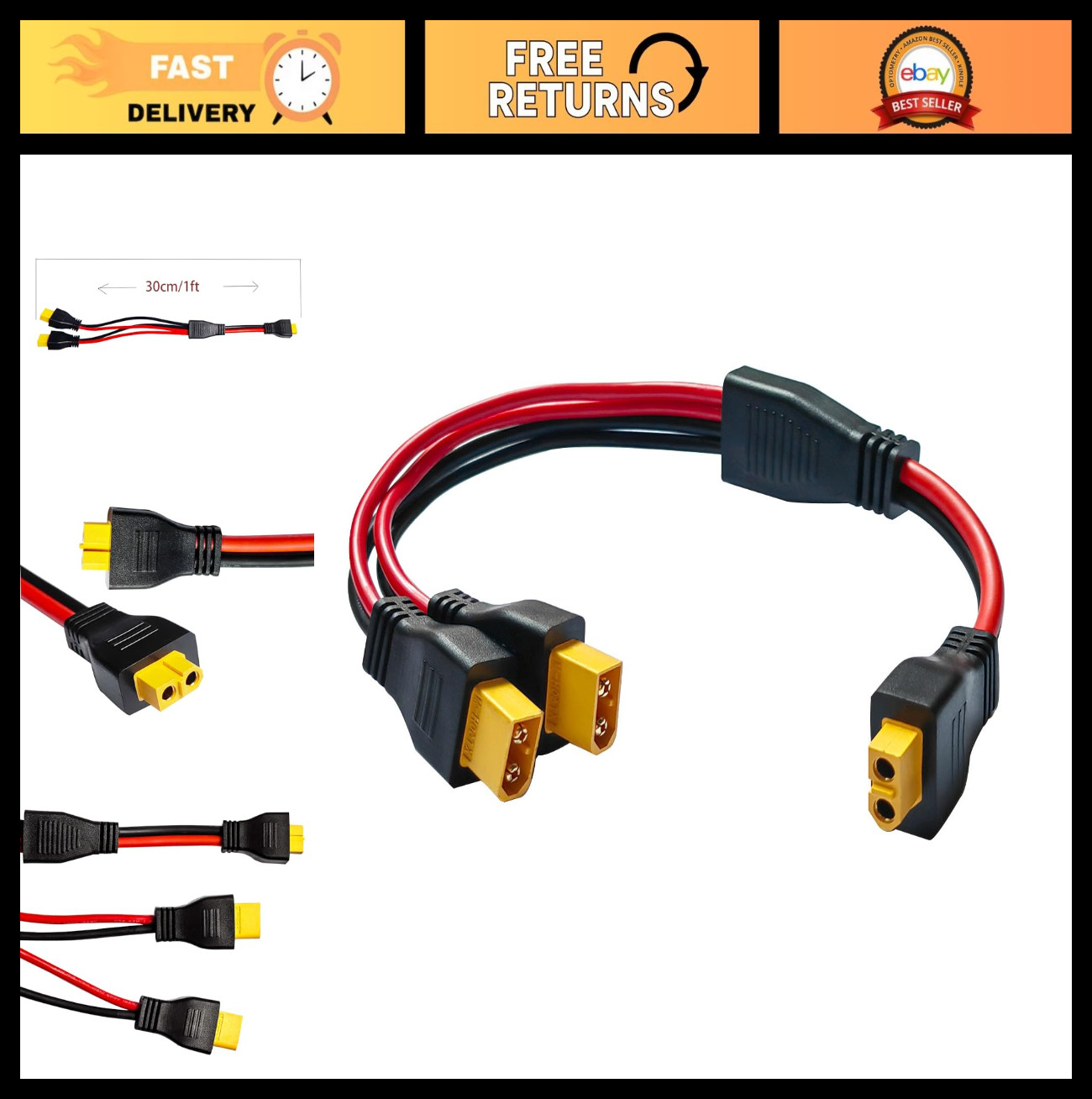 XT60 Y Splitter Cable 10AWG, Dual Male Connector Adapter for Drone & Solar Power