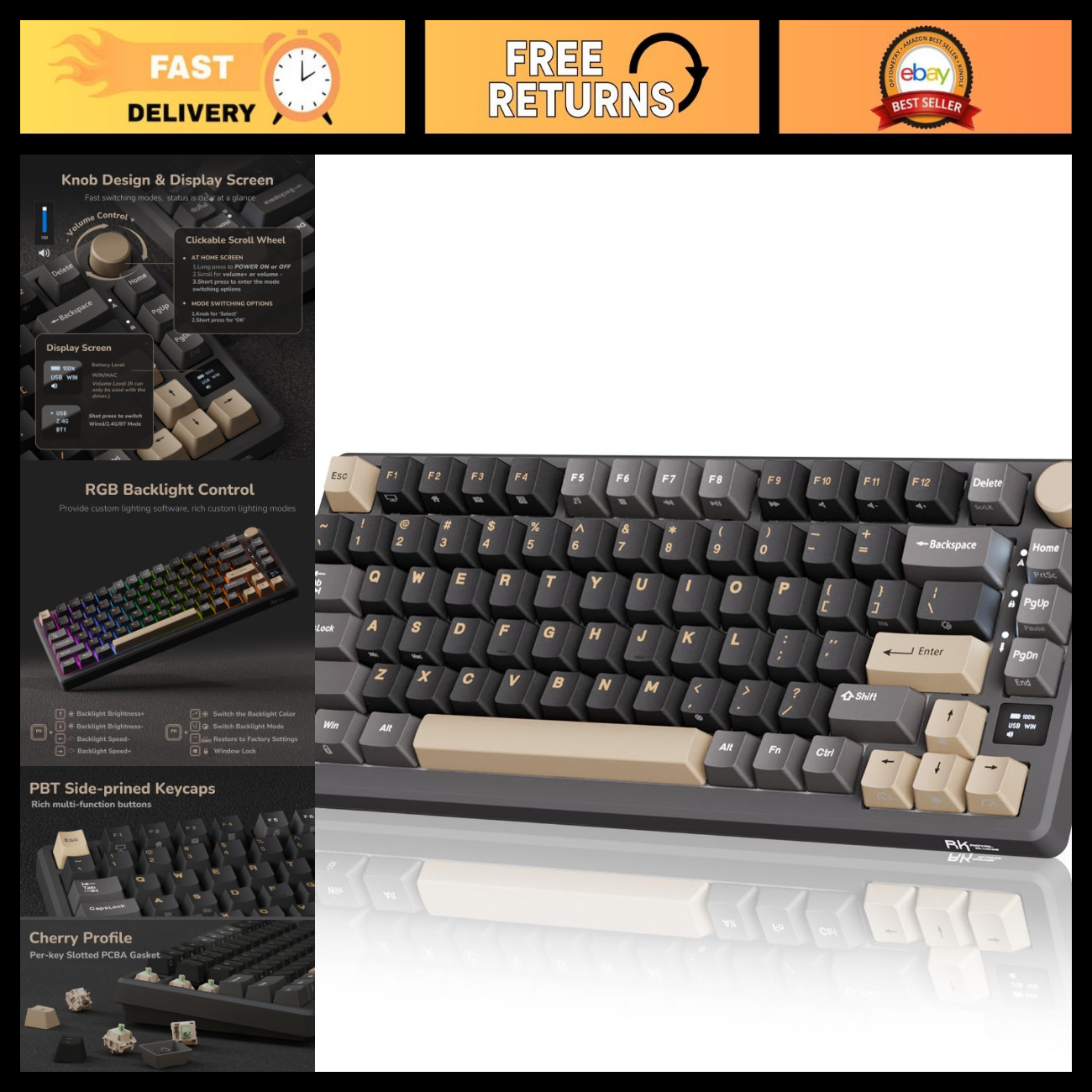 Wireless Mechanical Gaming Keyboard 75% Layout, 81 Keys, Gasket Mount, OLED Disp