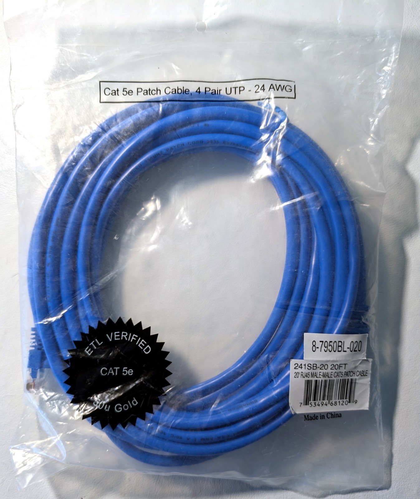 NIB 20ft Cat 5e Ethernet Patch Cable RJ45 UTP 24AWG 4 Pair Blue ETL 50µ Gold