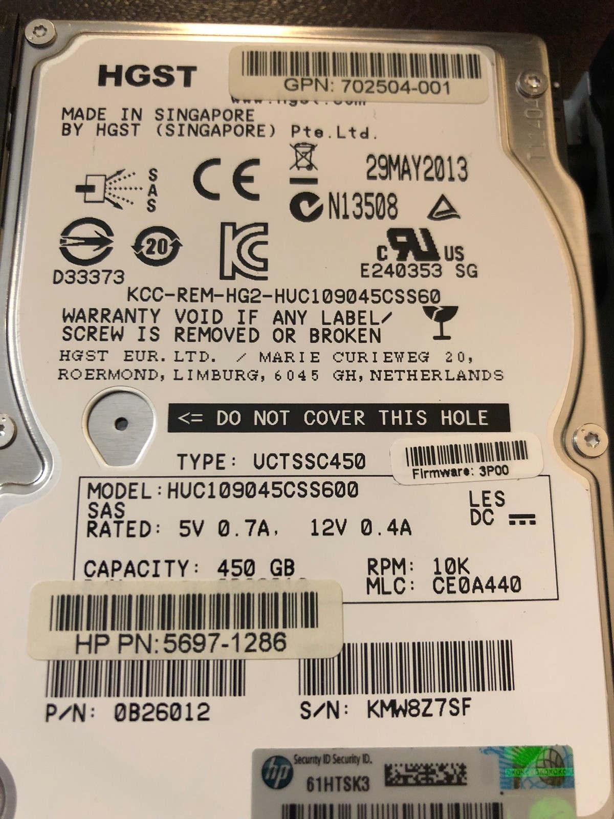 HP HUC109045CSS600 HP 702504-001 HP M6710 450-GB 6G 10K 2.5 3PAR SAS