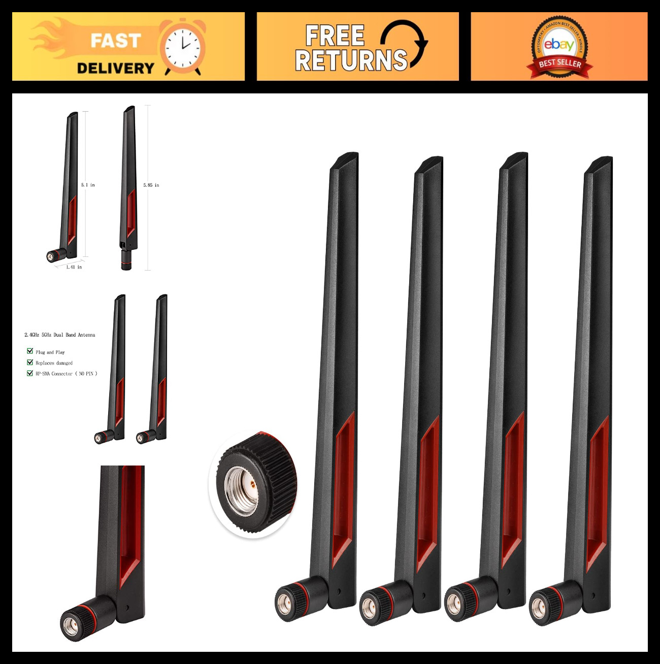 Dual Band WiFi Antenna 2.4GHz 5GHz RP-SMA Male Connector for PCI-E USB Router 4p