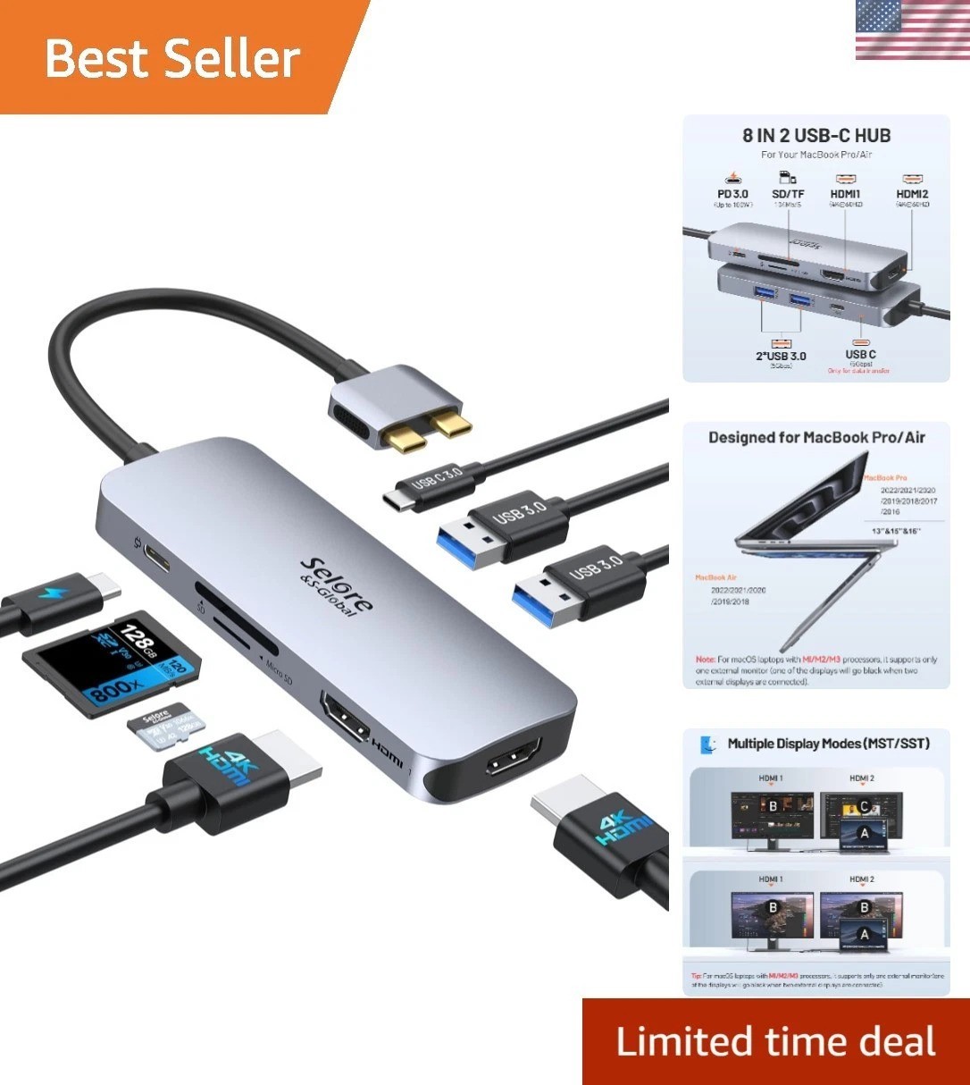 8-in-2 USB-C Adapter for MacBook Pro/Air - Fast Data Transfer & SD Reader