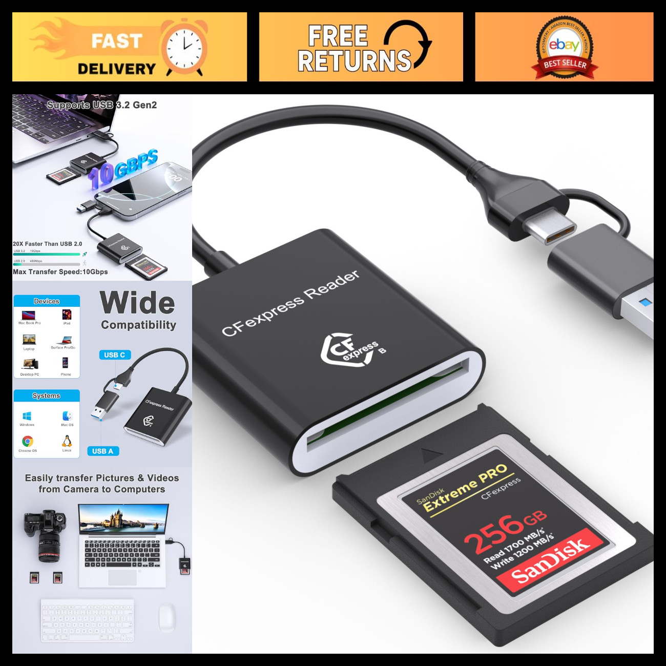 CFexpress Type B Card Reader USB 3.2 10Gbps, USB-C & USB-A Adapter for PC, Mac,