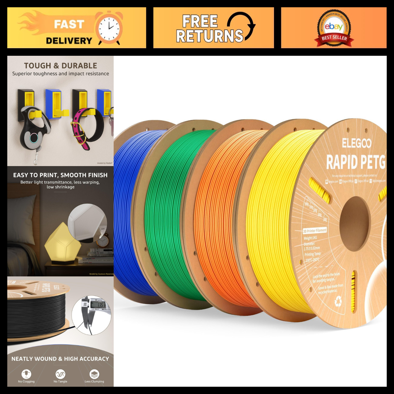 4KG PETG 3D Filament Bundle 1.75mm - Blue, Green, Orange, Yellow - High Quality