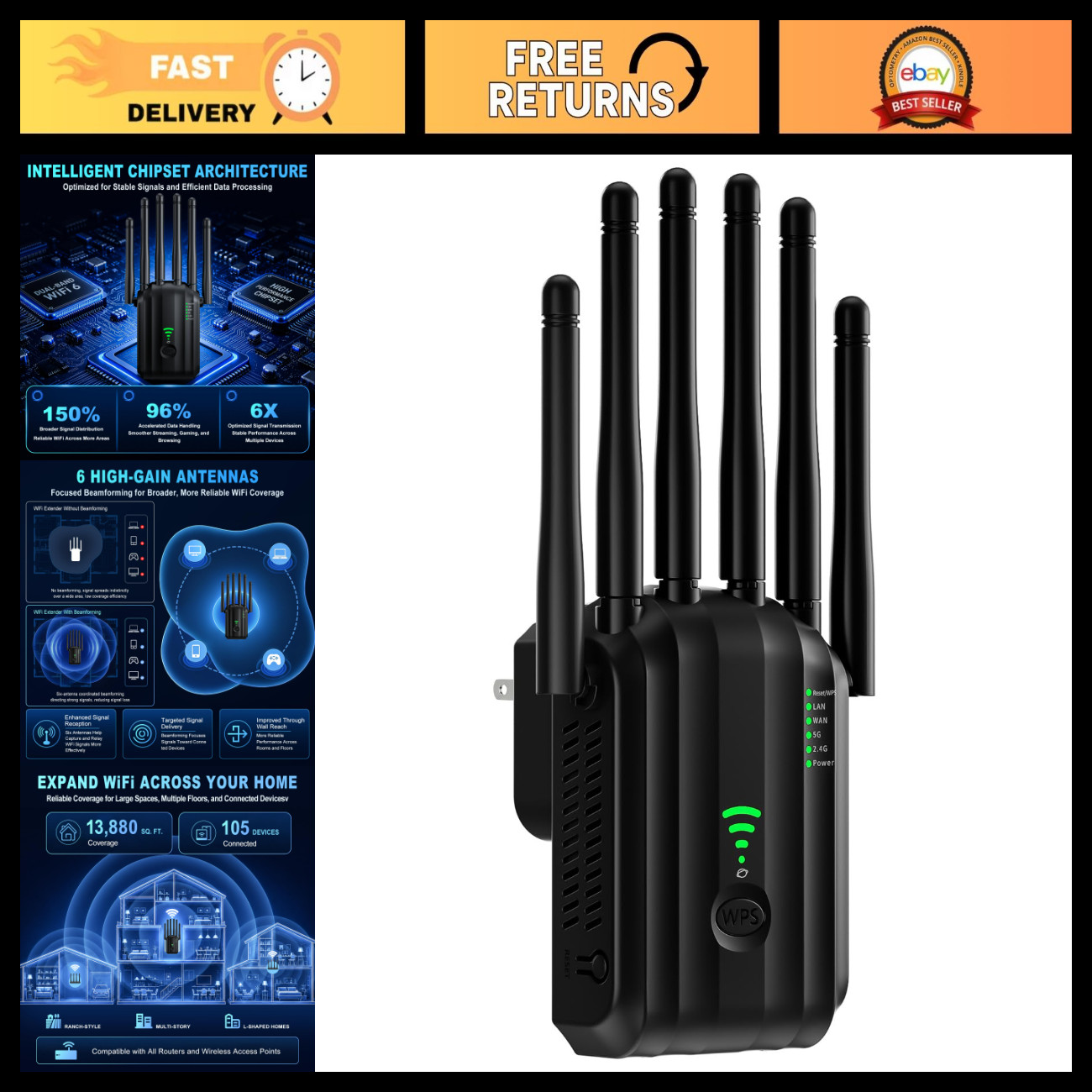 AC1900 Dual Band WiFi Extender, Long Range Signal Booster, 13,880 Sq Ft, 105 Dev