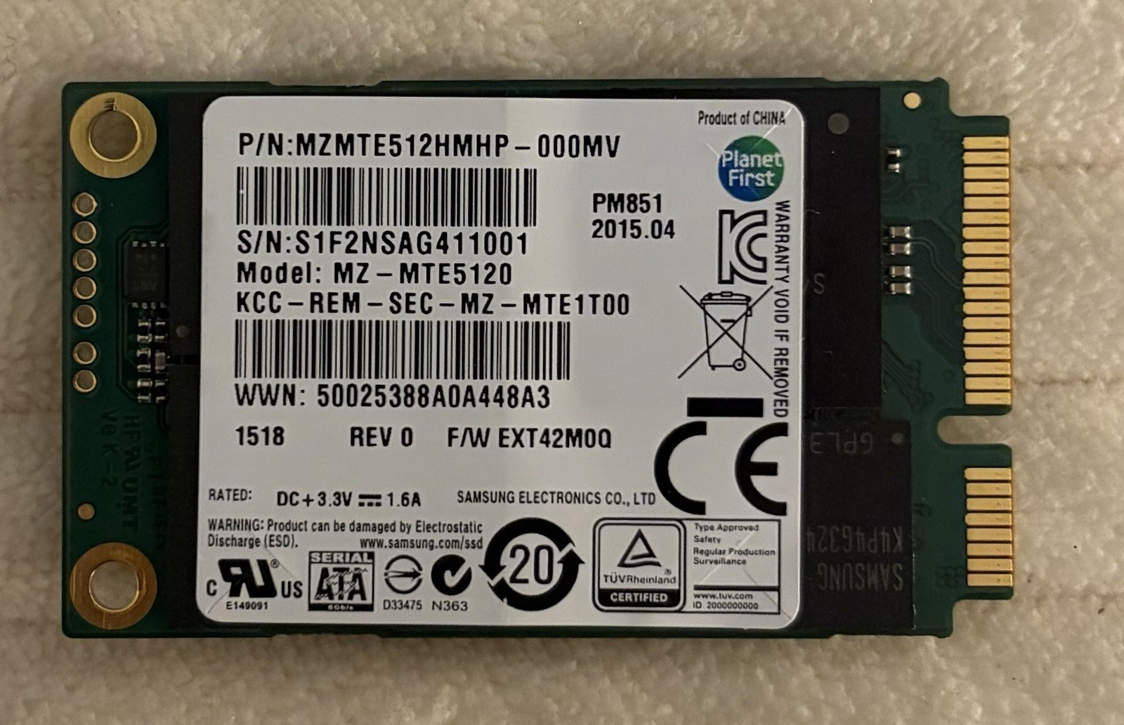 Samsung PM851 Model MZ-MTE5120 | 50mm | SATA 3 | 512GB | mSATA SSD | 100% Health