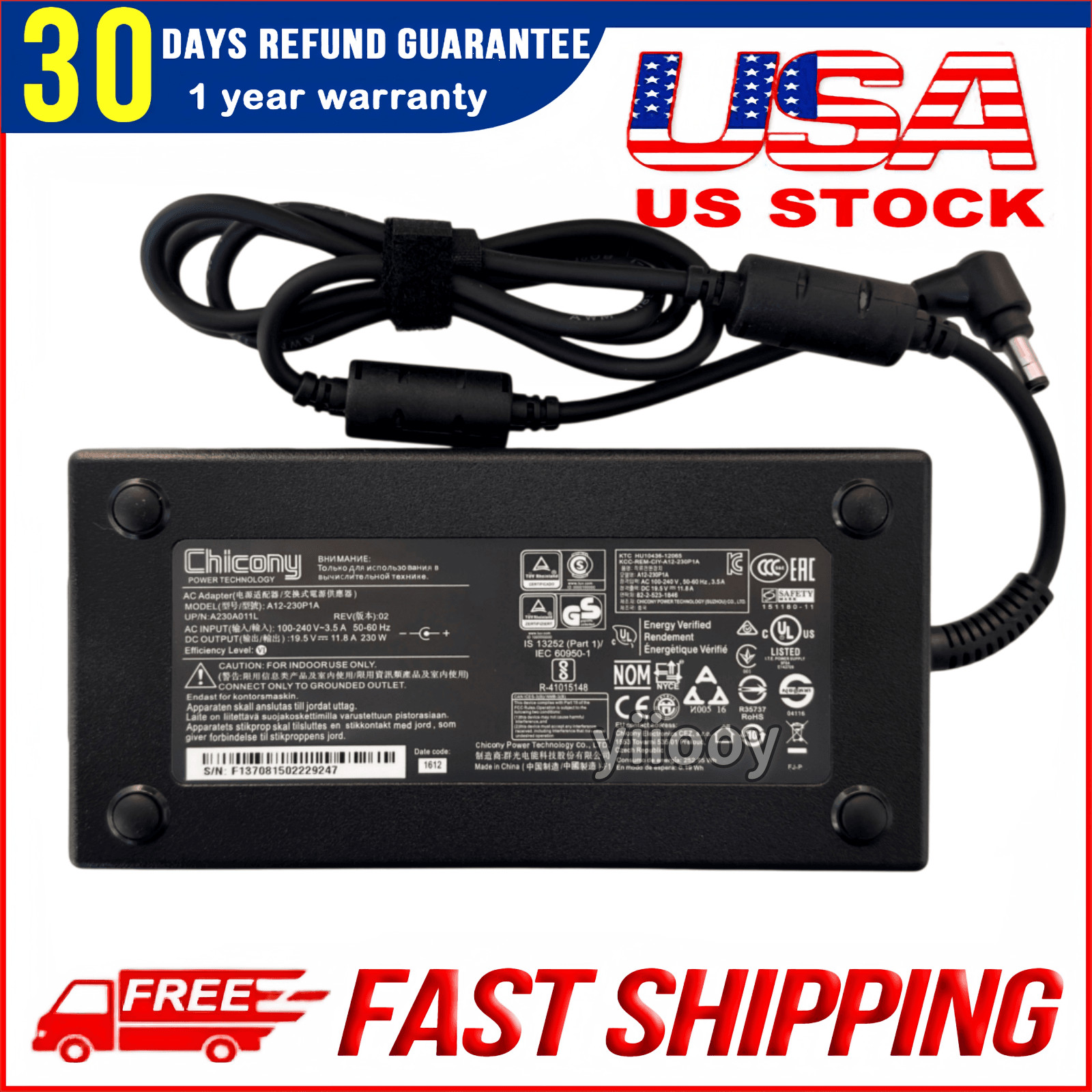 Genuine Chicony A12-230P1A A17-230P1A 19.5V 11.8A Adapter for MSI Clevo Gigabyte