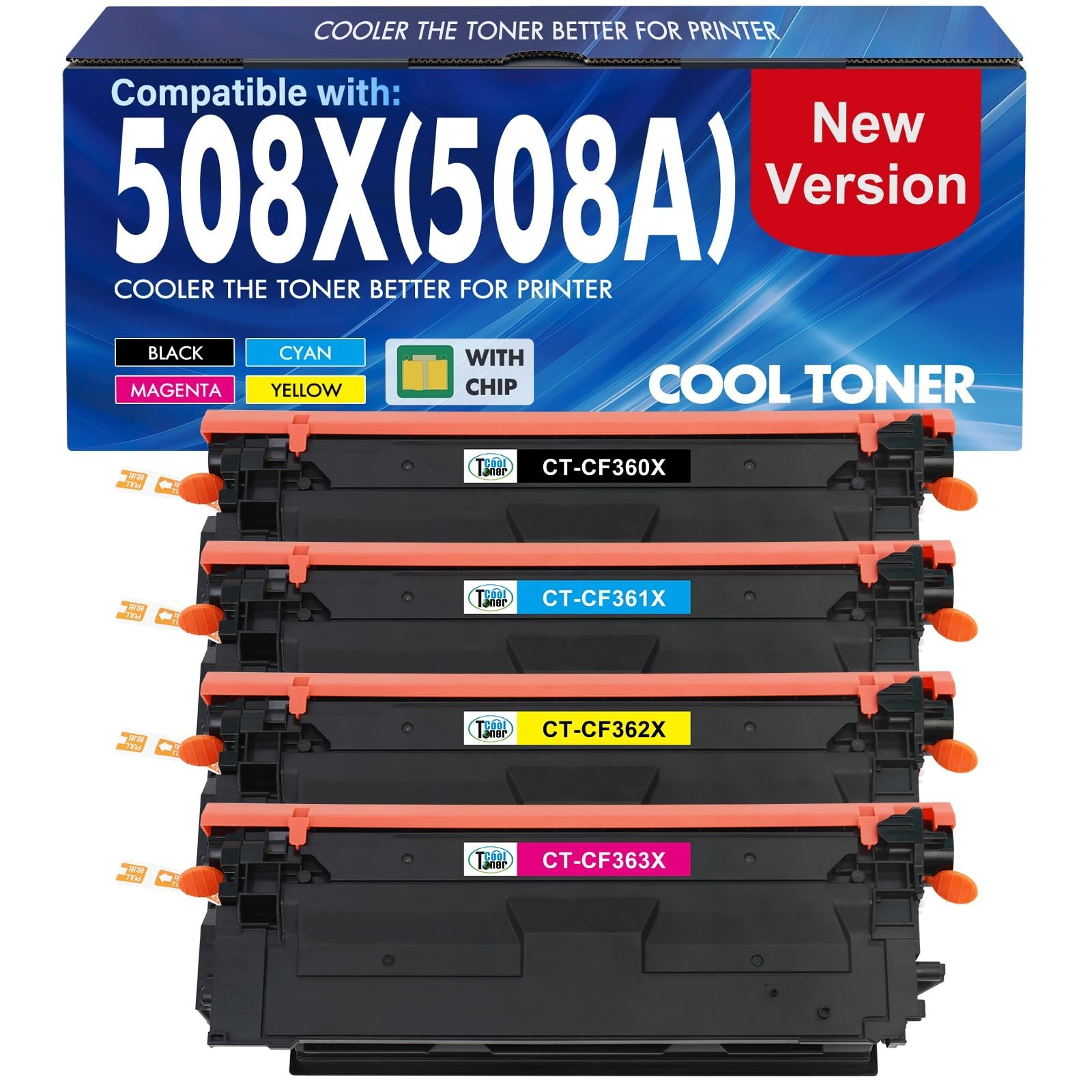** NEW HP Toner | 508X / 508A | Black/Color | With Chips | Compatible | 4-Pack