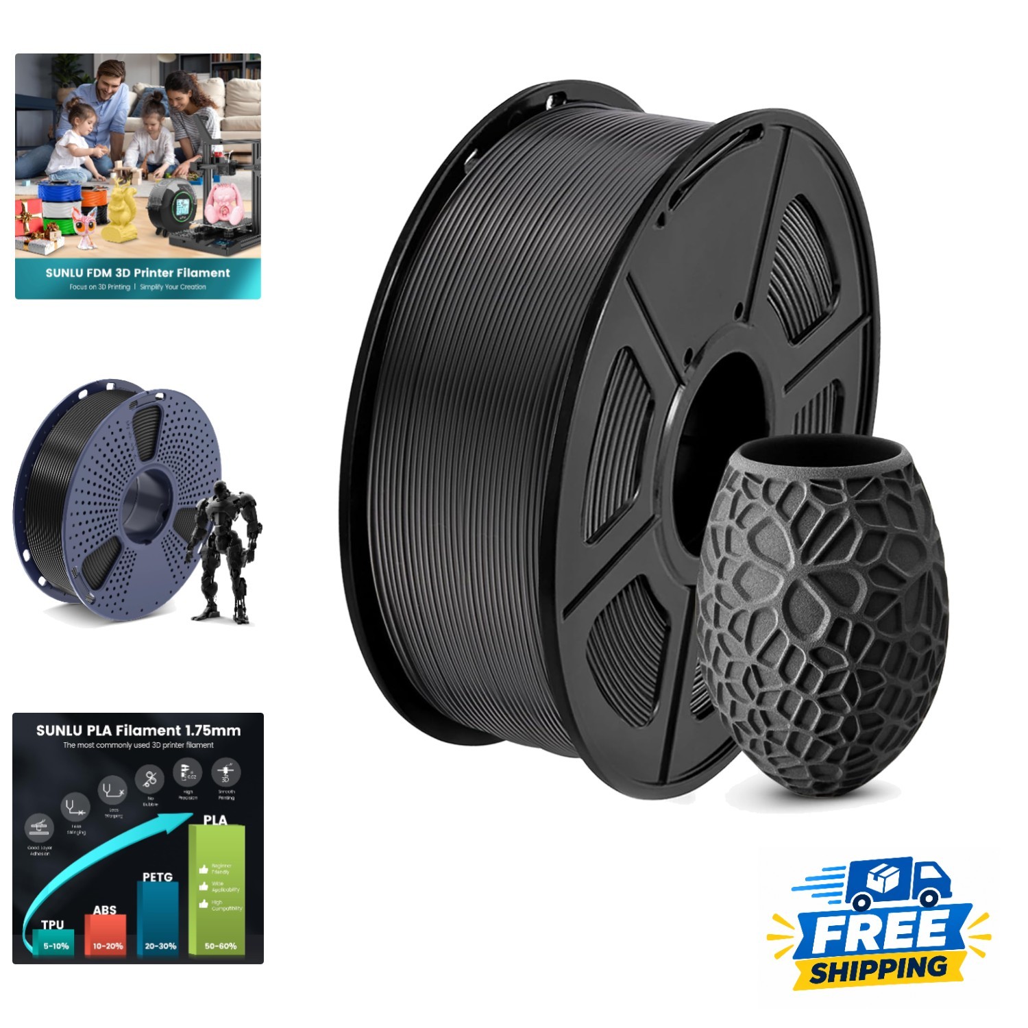 1KG Black PLA Filament for 3D Printing - 1.75mm Neatly Wound, Superior Quality