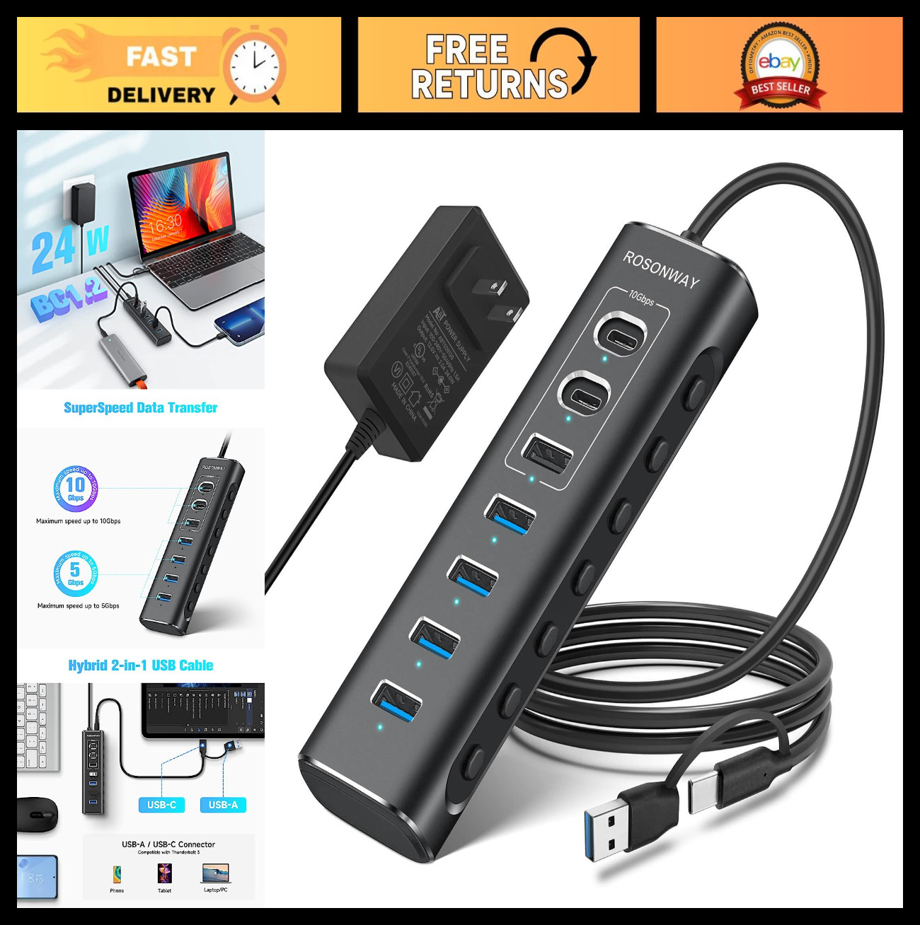 7-Port USB Hub, 10Gbps USB-A & USB-C, Individual Switches, Power Adapter, Alumin