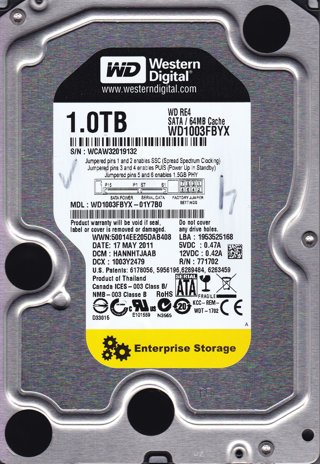 WD1003FBYX-01Y7B0 dcm: HANNHTJAAB 1TB MAY/ 2011 3.5" SATA HDD Western Digital