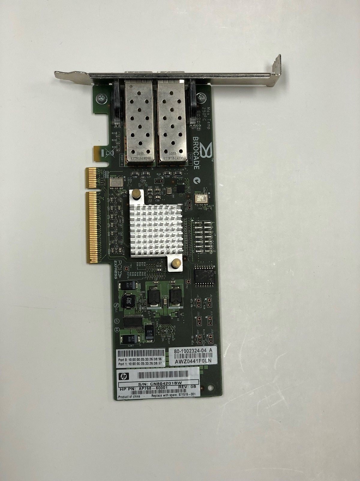 AP768-60001  HP 571519-001 Brocade 425 Dual Fibre Channel PCIe Card 2x 4GB SFP+