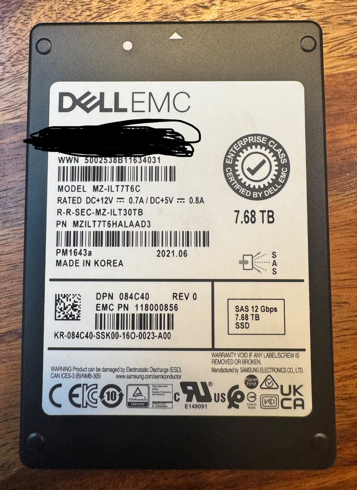 Dell Samsung 7.68TB Enterprise SAS SSD 12Gb/s MZ-ILT7T6C 84C40 PM1643a 0-TBW