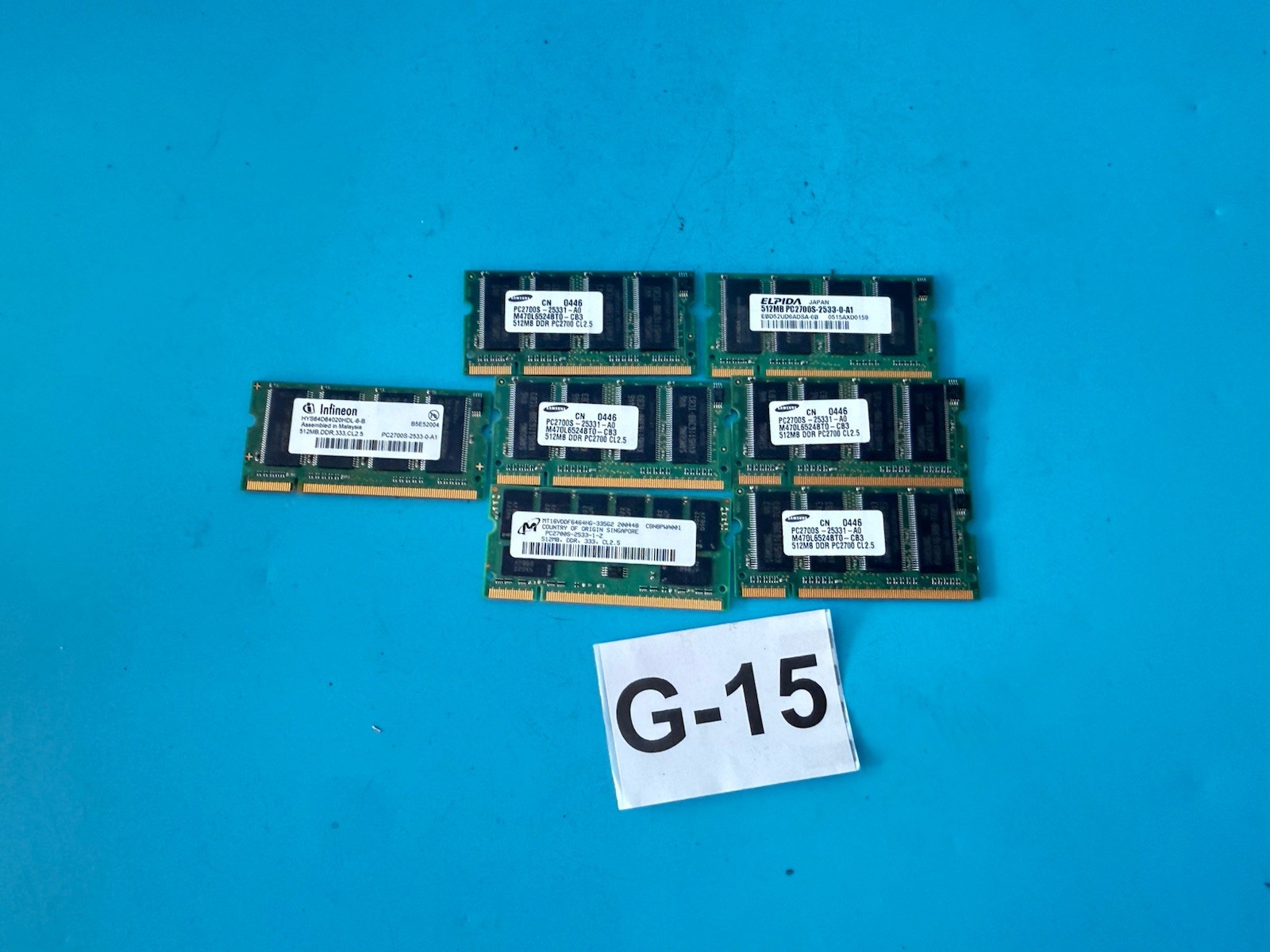 Lot of 7 Laptop DDR1 RAM 512MB PC2700 (DDR-333) SO-DIMM – Samsung / Elpida / Inf