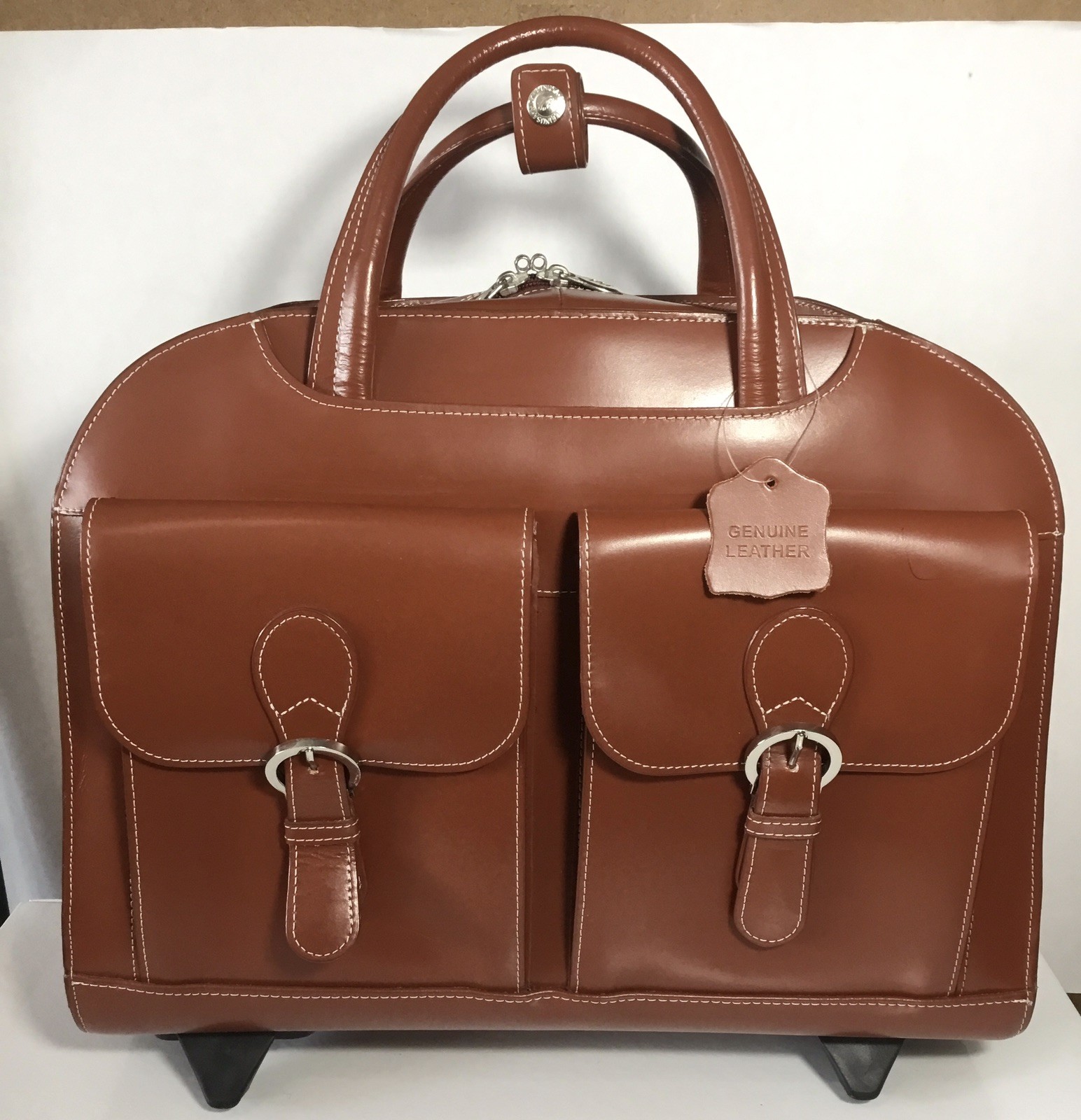 McKlein Davis Brown Leather Wheeled Laptop Case Rolling 15.6” Briefcase