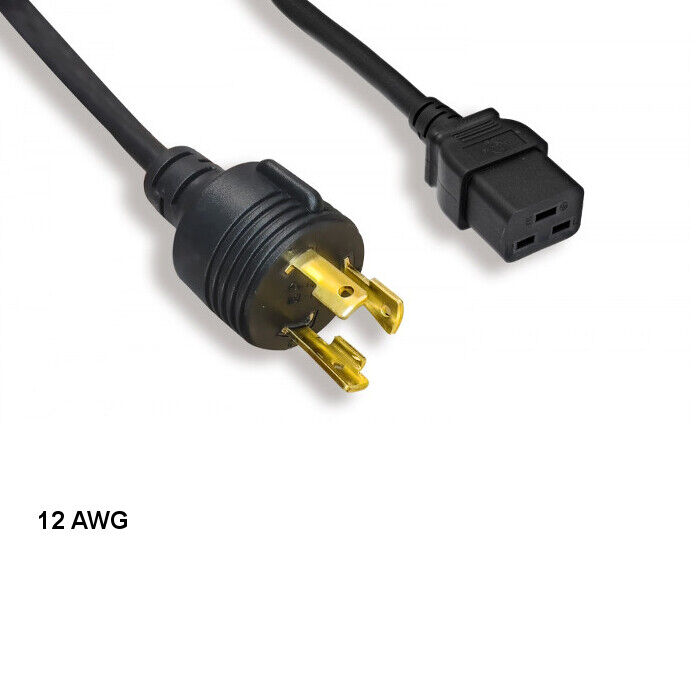 KNTK 15ft 12 AWG Power Cable NEMA L6-30P to IEC-60320 C19 15A/300V SJT Black