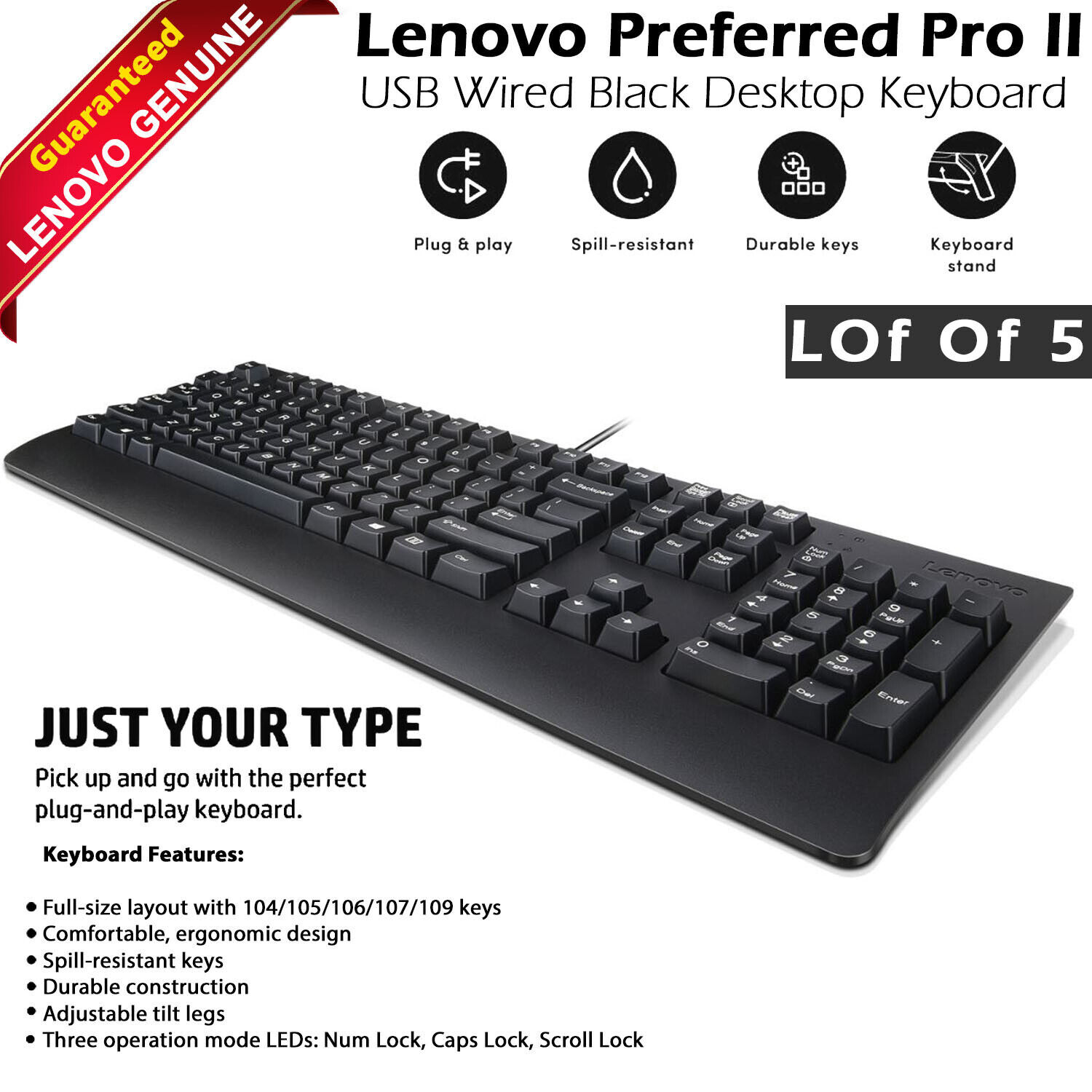 Lot Of 5 Genuine Lenovo 00XH688 SK-8827 Preferred Pro II USB Desktop Keyboard