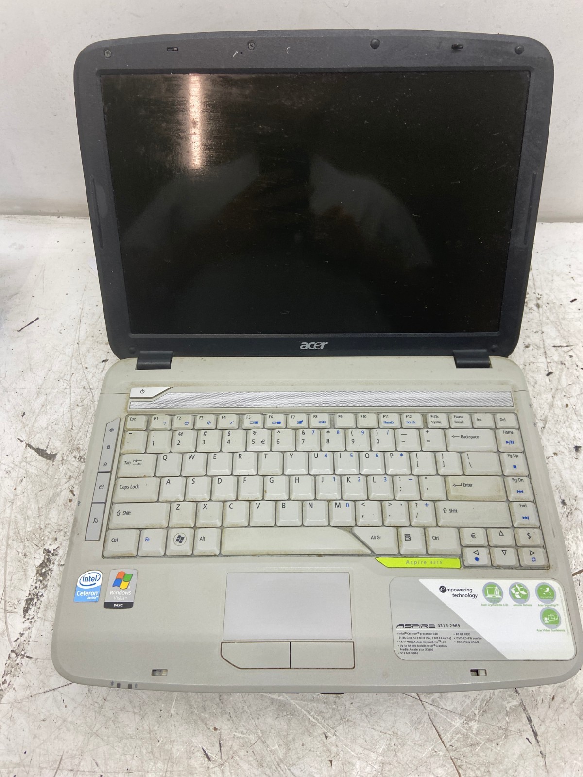 Acer Aspire 4315-2963 Intel Celeron 540 1.86 GHz 2 GB NO HDD