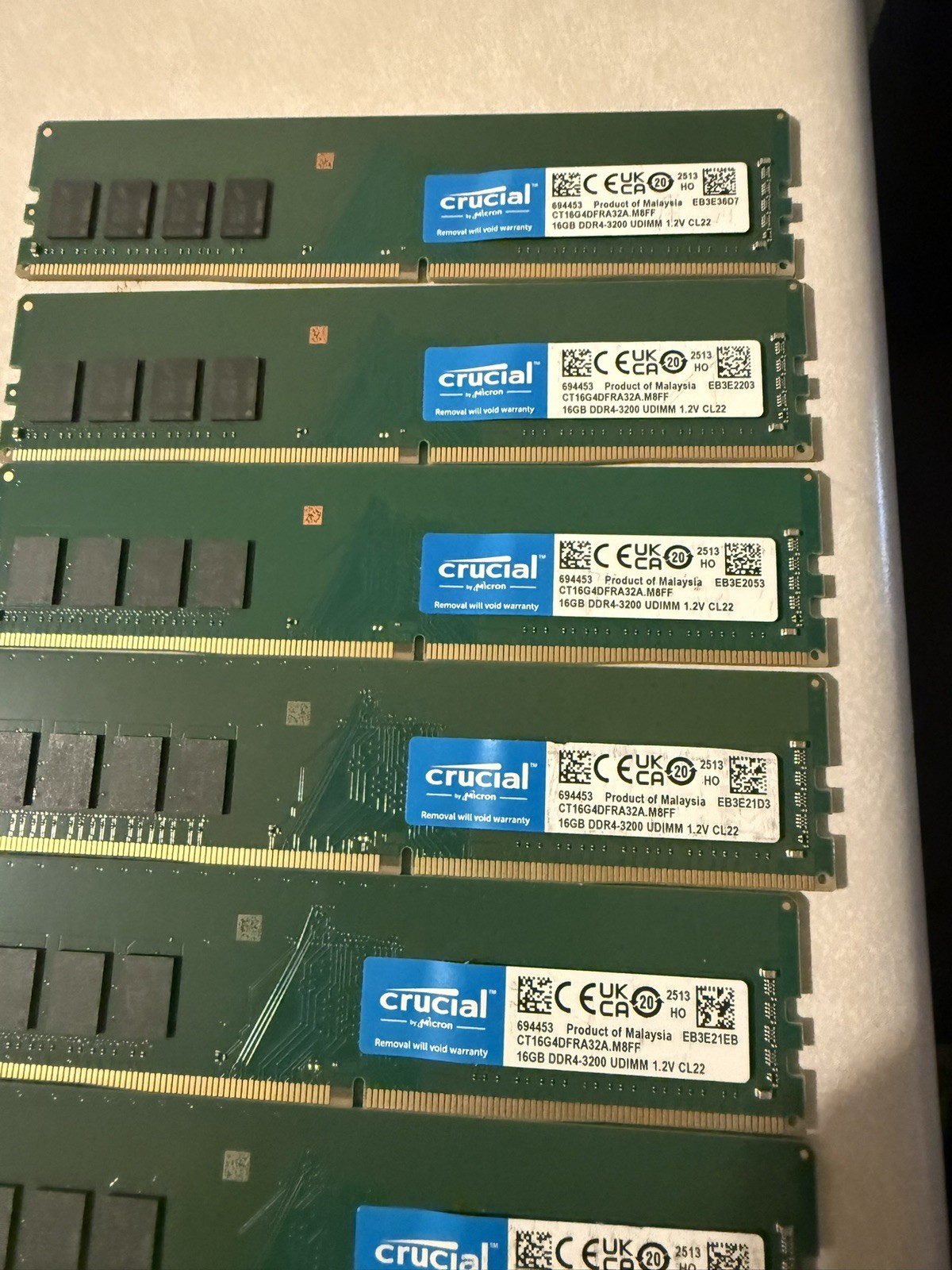 Lot of 4 - Crucial 16GB DDR4-3200 MHz CL22 UDIMM RAM Module (CT16G4DFRA32A)