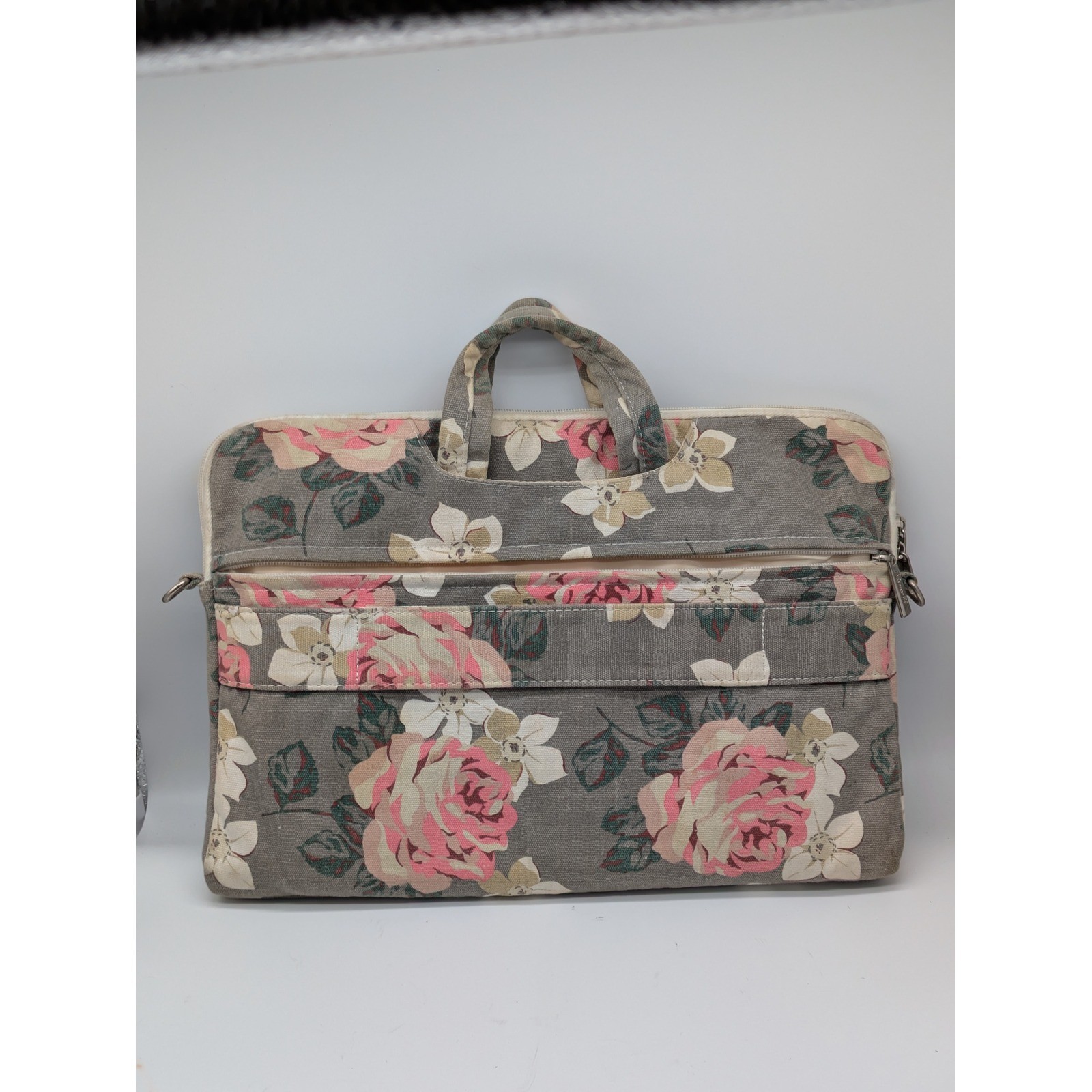 Canvaslife Floral Laptop Bag 16x12 Gray Pink Rose Canvas Shoulder Briefcase